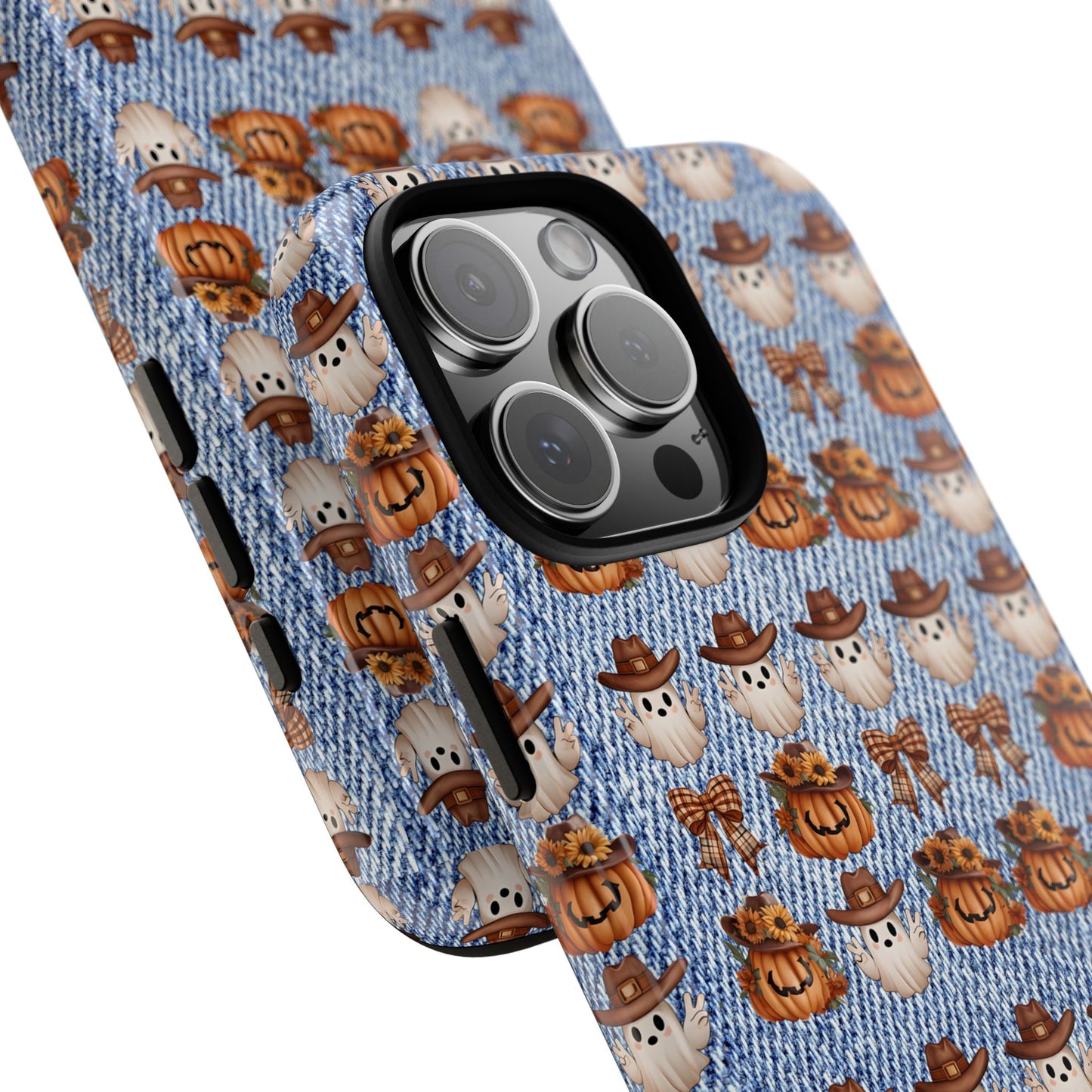 Cowboy Ghost Phone Case, Pumpkin Patch Halloween Phone Cover, Cute Fall Denim Print Case, Country Western Spooky Accessory, Autumn Goth Gift