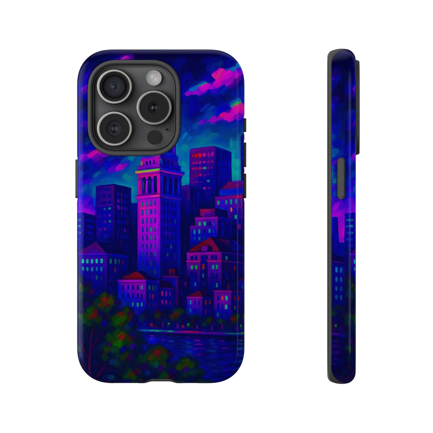 Boston Cityscape Tough Phone Case, Neon Night Skyline, Sunset Tower View Watercolor Urban Art, Compatible with iPhone, Galaxy, Google Phones