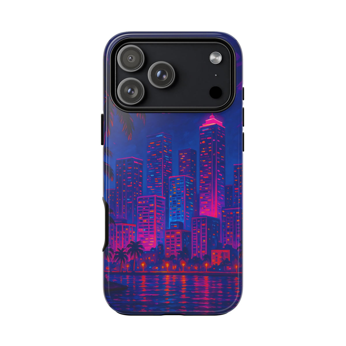 Cityscape Tough Phone Case, Miami Skyline Phone Cover, Neon Night Design Compatible with iPhone, Galaxy & Google