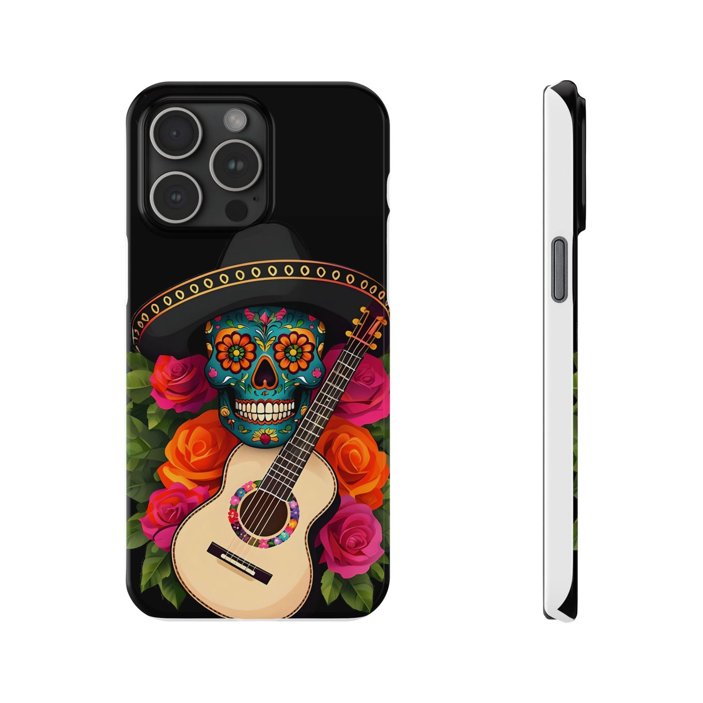 Mariachi Skull Slim Phone Case, Colorful Folk Aesthetic, Halloween Floral Skull Design, Gift for Mexican Culture Lovers