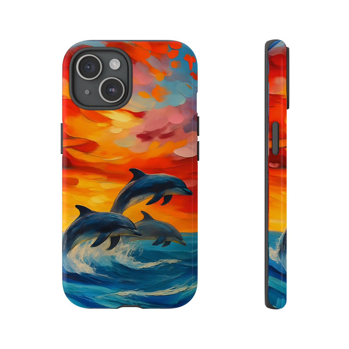 Ocean Scenery Tough Phone Case, Dolphin Phone Cover, Oil Painting, Sunset Sea Life Compatible with iPhone, Galaxy, Google