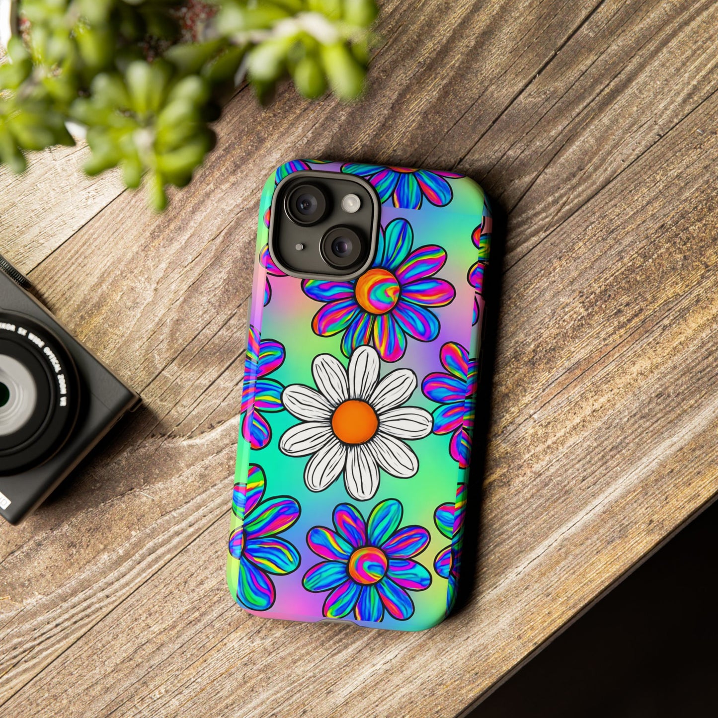 Trippy Daisy Tough Phone Case - Psychedelic Floral Design, Colorful Retro Aesthetic, Compatible with iPhone, Galaxy, and Google Phones