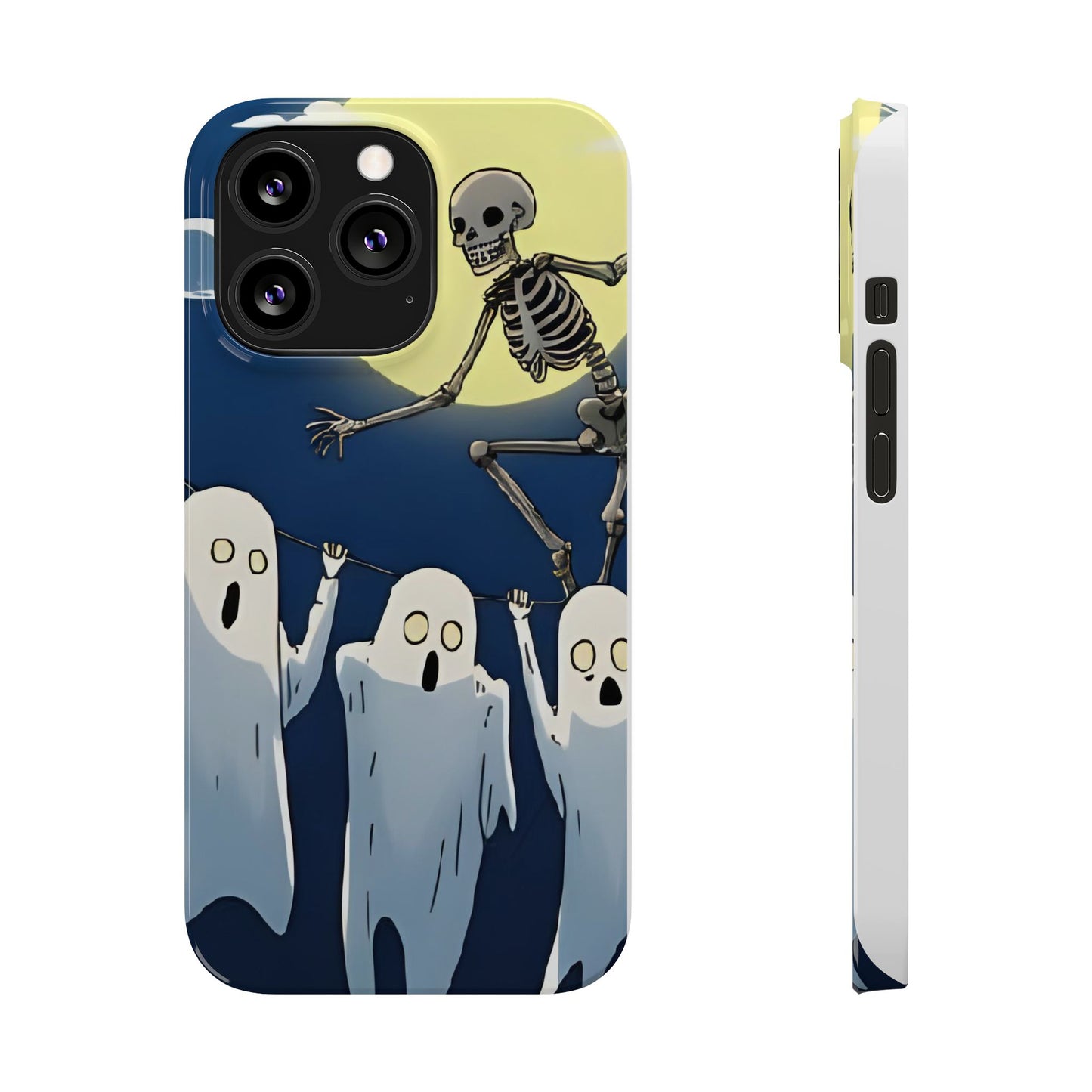 Jumping Skeleton Slim Phone Case - Halloween Aesthetic, Creepy Cute Ghost Cartoon Style, Compatible with iPhone, Galaxy, and Google Phones