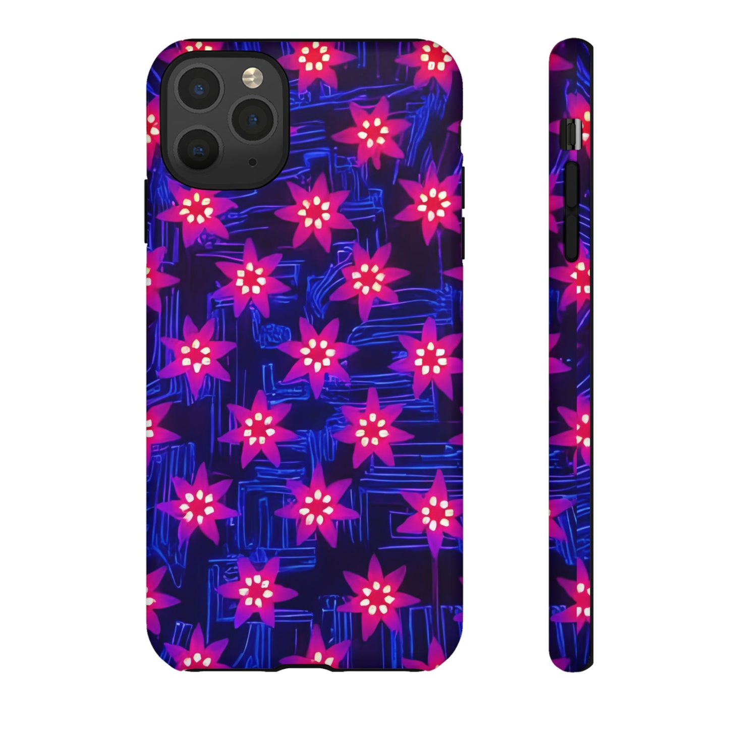 Neon Flower Tough Phone Case - Trippy Dark Floral Art, Electric Glow Aesthetic, Compatible with iPhone, Galaxy, and Google Phones