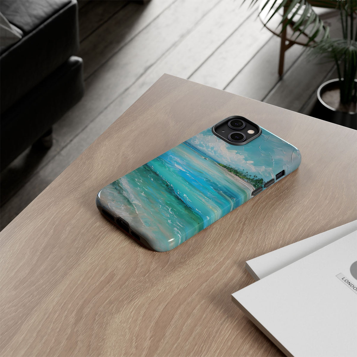 Tropical Beach Scenery Tough Phone Case, Oil Painting Phone Cover, Turquoise Ocean Compatible with iPhone 17, 16, 15, 14, 13, Galaxy, Google
