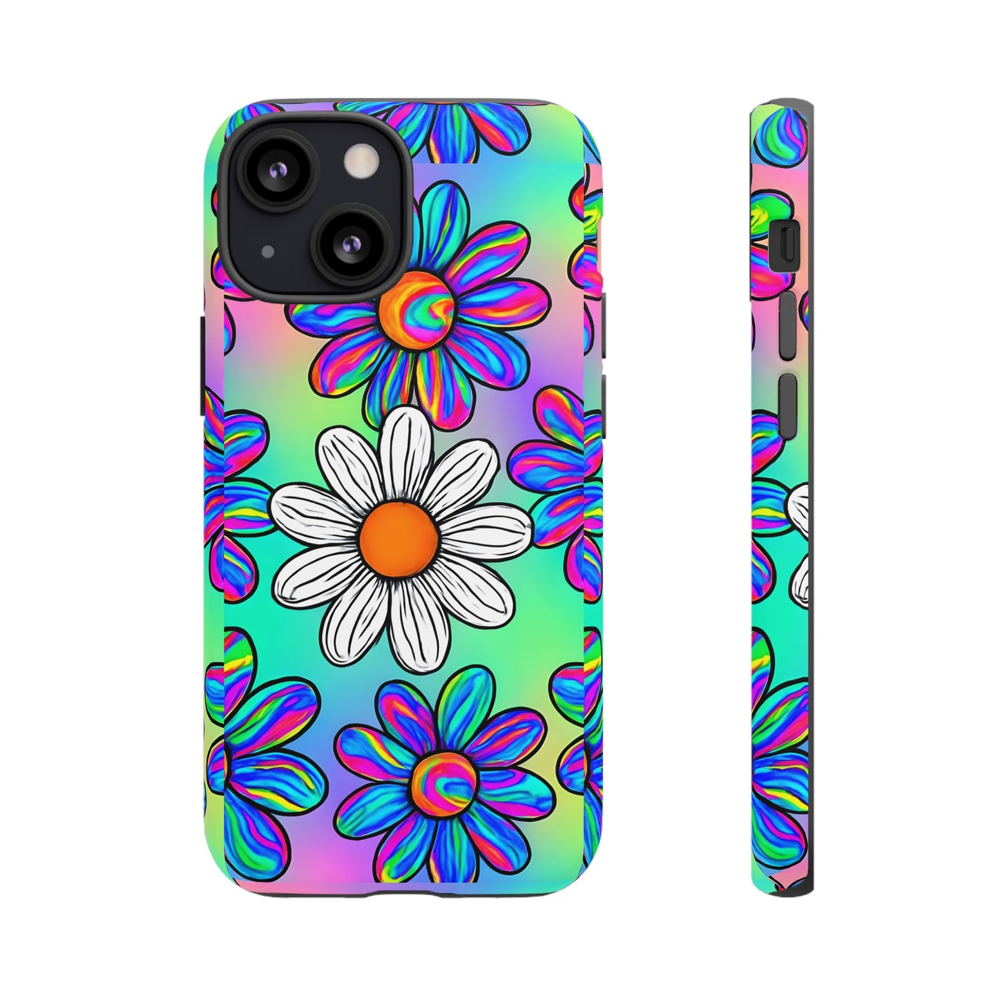 Trippy Daisy Tough Phone Case - Psychedelic Floral Design, Colorful Retro Aesthetic, Compatible with iPhone, Galaxy, and Google Phones