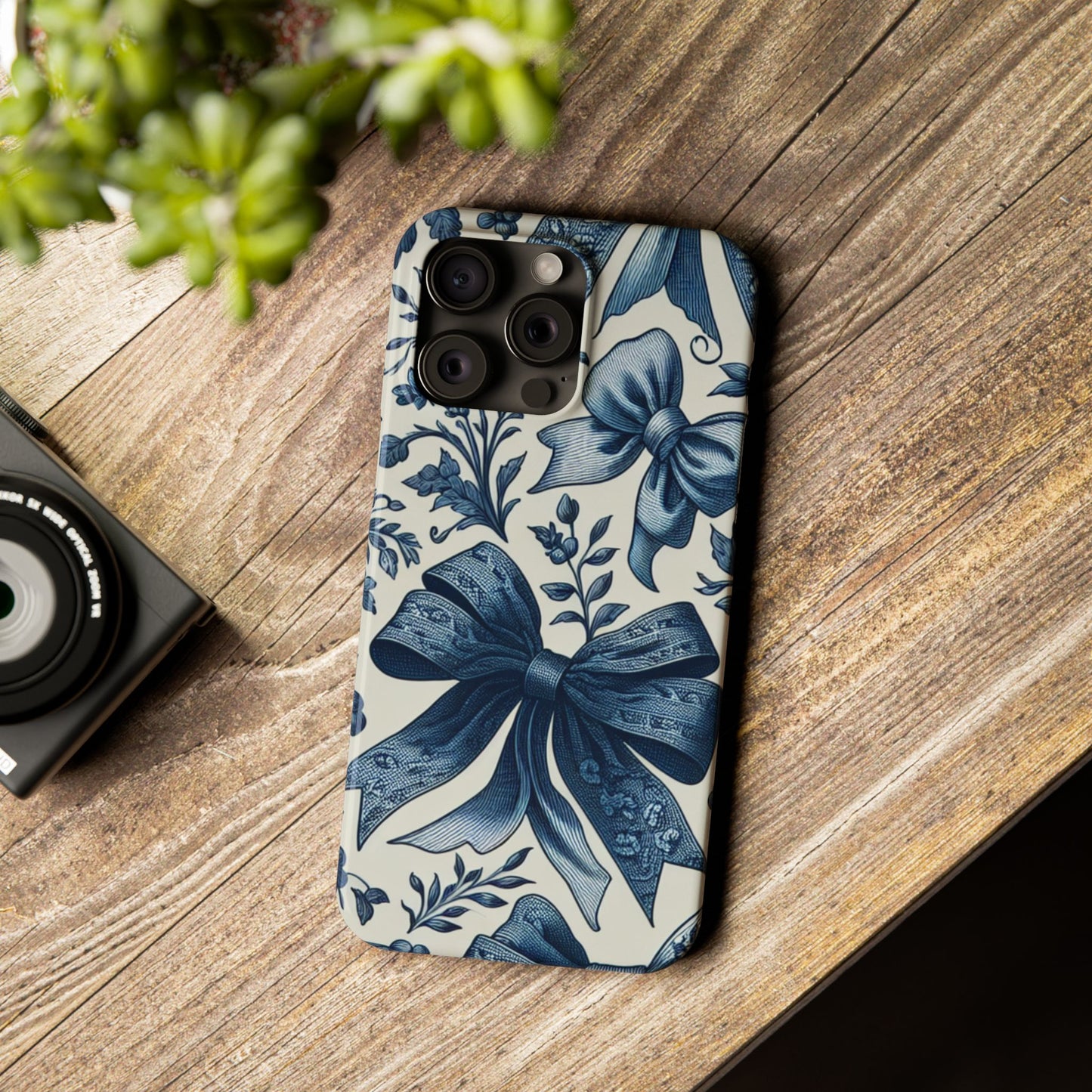 Elegant Floral Bow Slim Phone Case, Blue Flower Phone Cover, Gift for Her, Stylish Tech Accessory, Wedding Gift, Floral Design