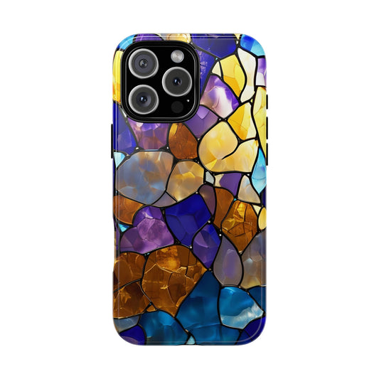 Boho Stained Glass Phone Case iPhone 16 15 14 13 12 11 X 8 7 Samsung Galaxy Pixel Models, Blue and Gold Mosaic Aesthetic Protective Cover