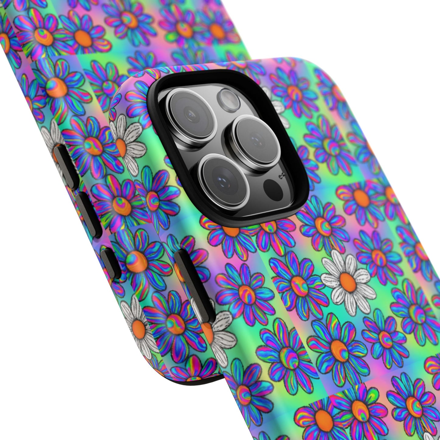 Trippy Daisy Tough Phone Case - Psychedelic Floral Aesthetic, Colorful Groovy Design, Compatible with iPhone, Galaxy, and Google Phones