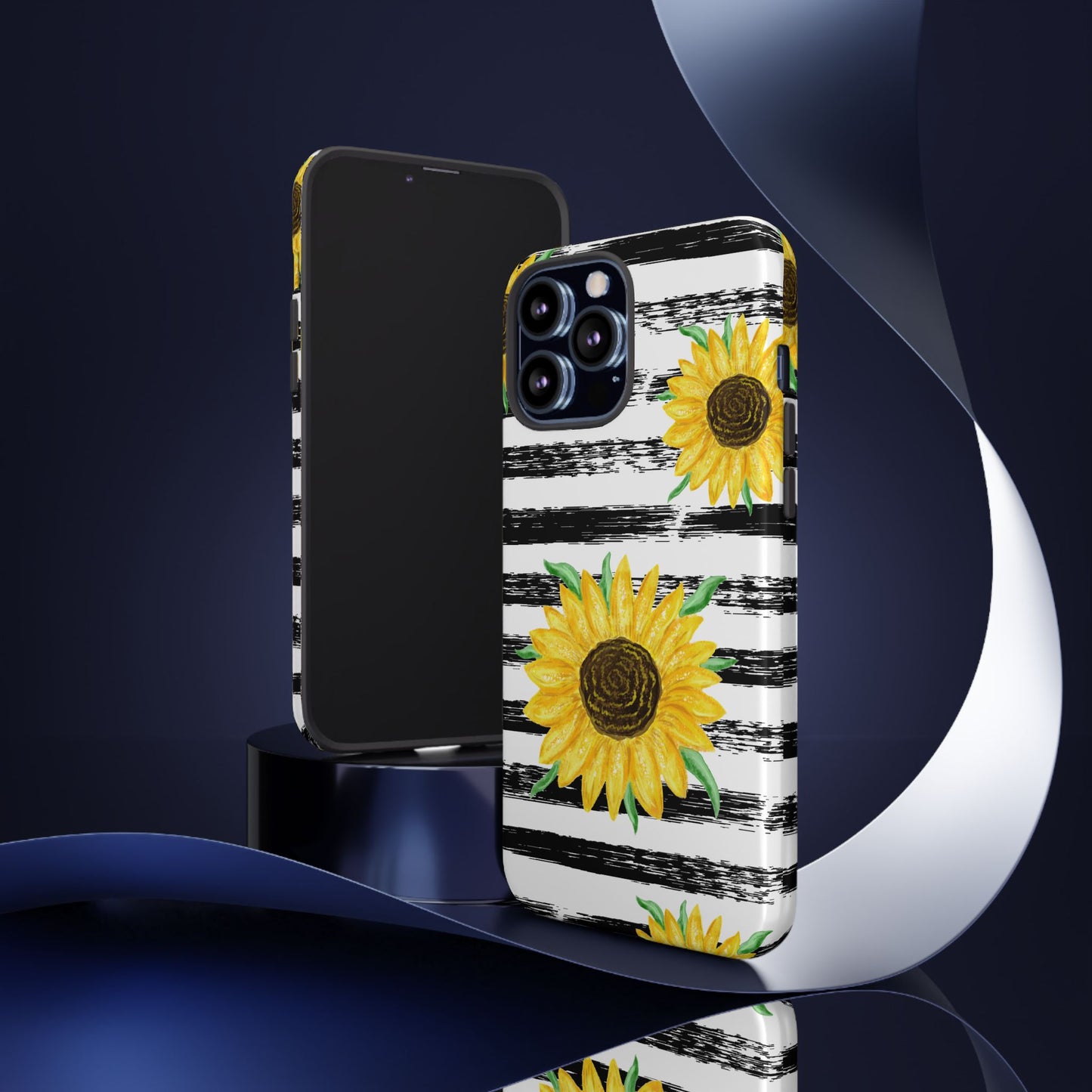 Sunflower Tough Phone Case - Bright Yellow Floral Art, Black and White Striped Aesthetic, Compatible with iPhone, Galaxy, and Google Phones
