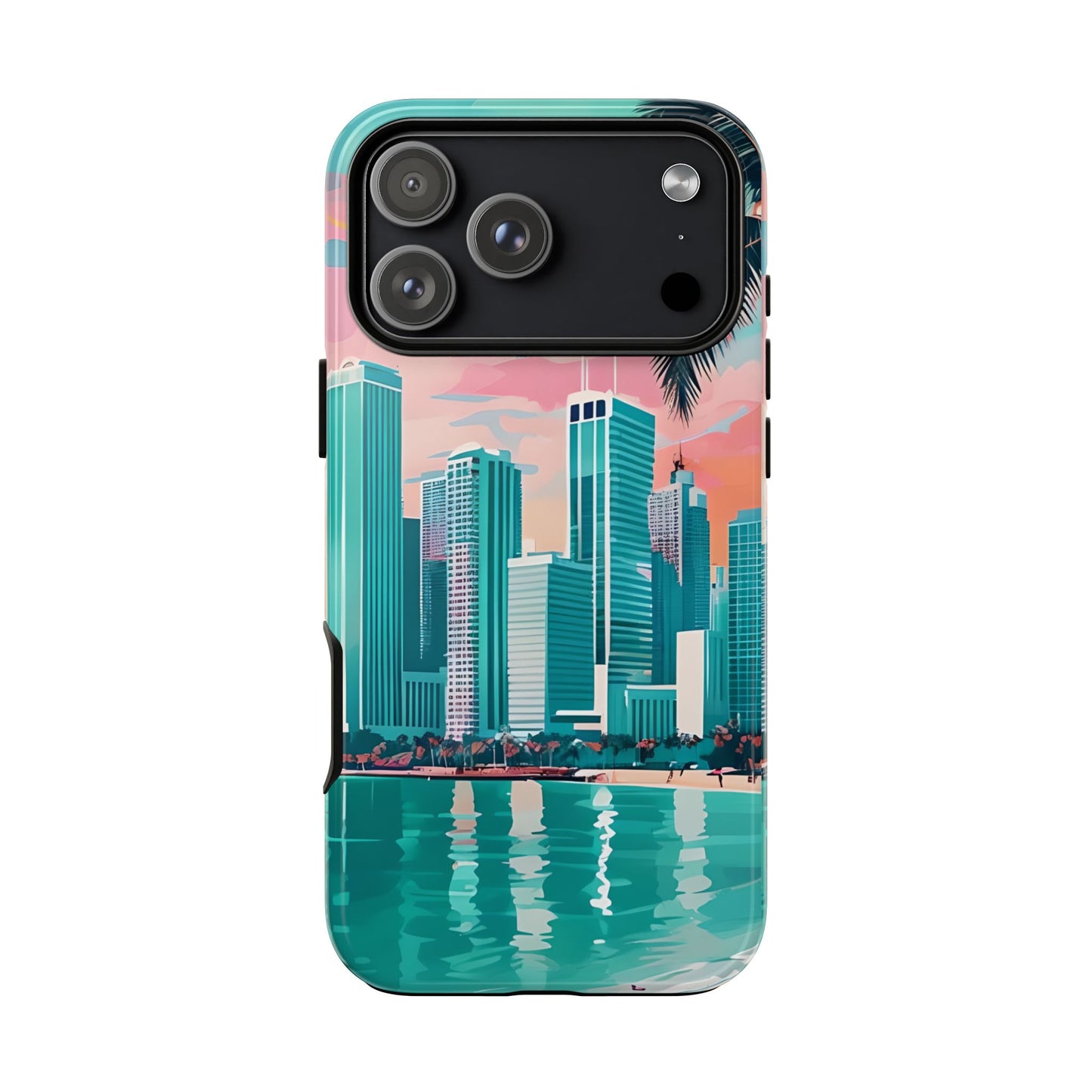 Cityscape Tough Phone Case, Miami Skyline Phone Cover, Watercolor Design Compatible with iPhone, Galaxy & Google