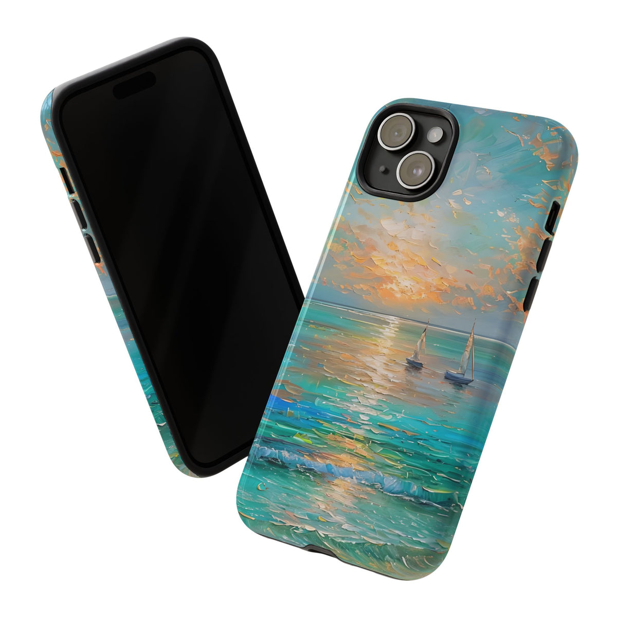 Sailboat Ocean Scenery Tough Phone Case, Oil Painting Phone Cover, Sunset Sailing Compatible with iPhone 17, 16, 15, 14, 13, Galaxy, Google