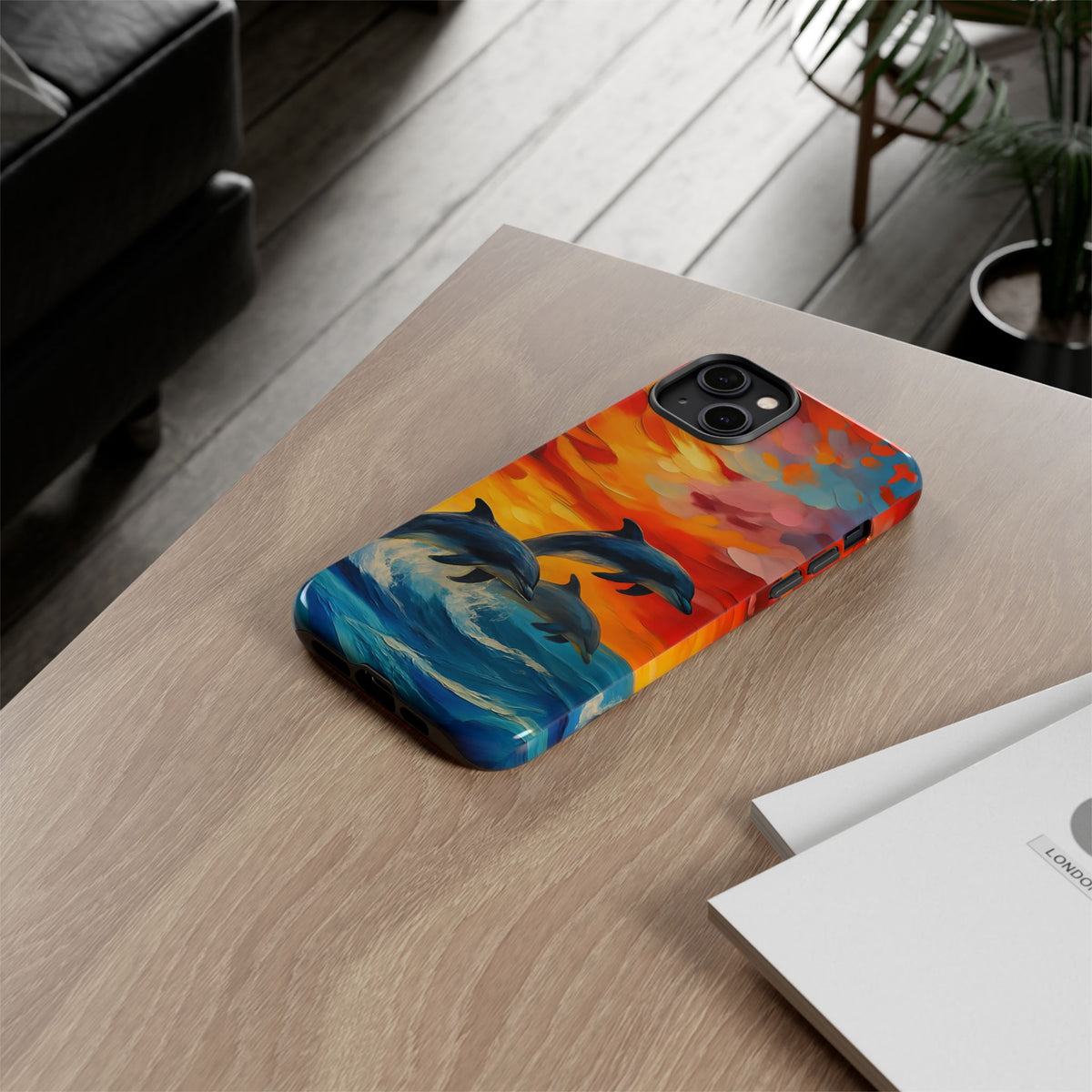 Ocean Scenery Tough Phone Case, Dolphin Phone Cover, Oil Painting, Sunset Sea Life Compatible with iPhone, Galaxy, Google