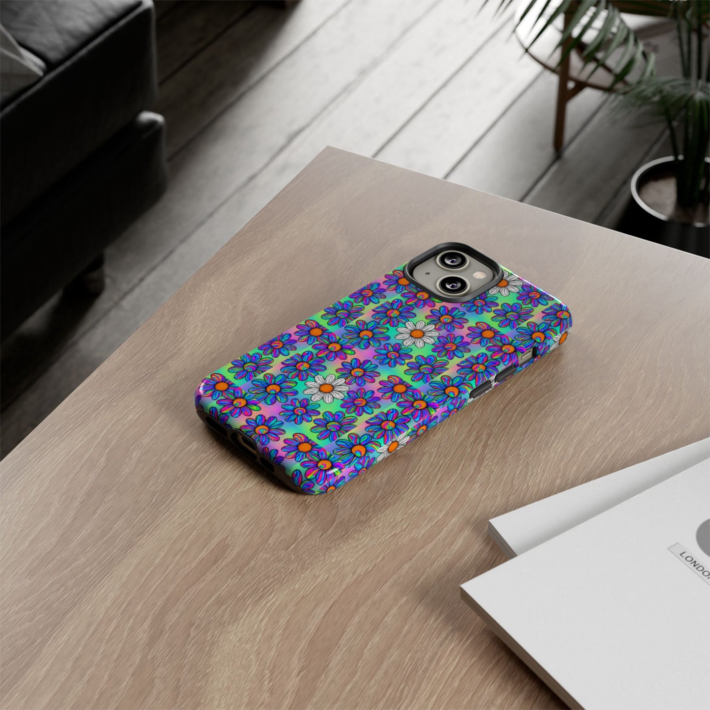 Trippy Daisy Tough Phone Case - Psychedelic Floral Aesthetic, Colorful Groovy Design, Compatible with iPhone, Galaxy, and Google Phones