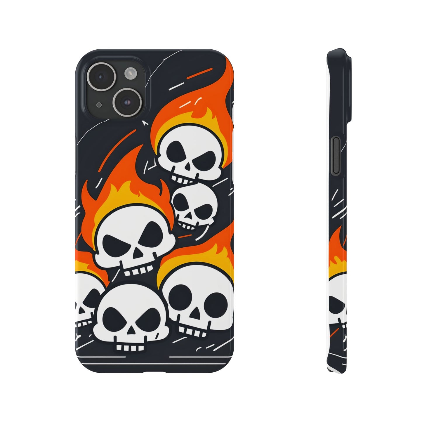 Flaming Skulls Slim Phone Case, Y2K Alt Halloween Aesthetic, Creepy Cute Cartoon Style, Stylish Music Lovers, Perfect Gift for Halloween