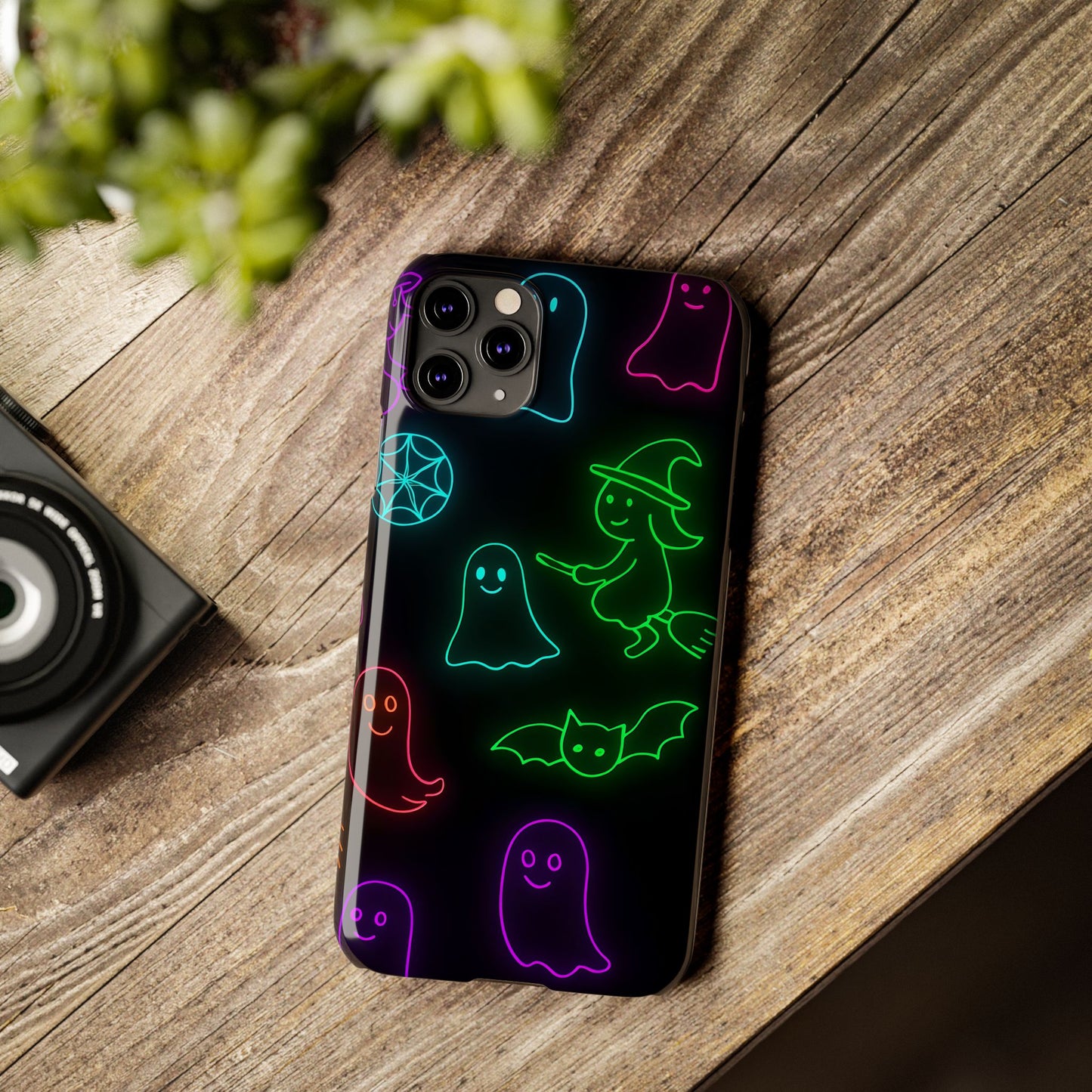 Neon Halloween Phone Case, Cute Ghost Witch Aesthetic Slim Phone Case, Compatible with iPhone, Galaxy, Google