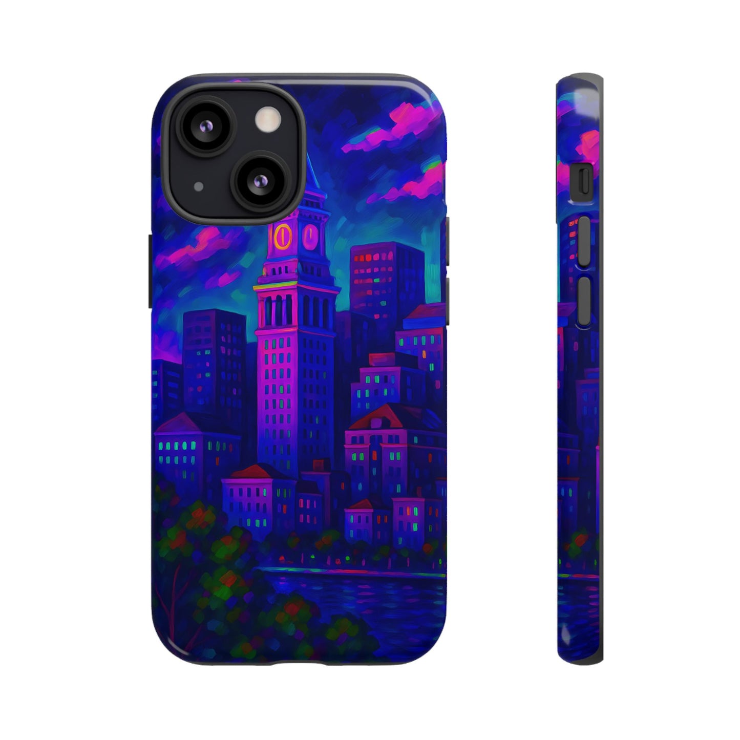 Boston Cityscape Tough Phone Case, Neon Night Skyline, Sunset Tower View Watercolor Urban Art, Compatible with iPhone, Galaxy, Google Phones