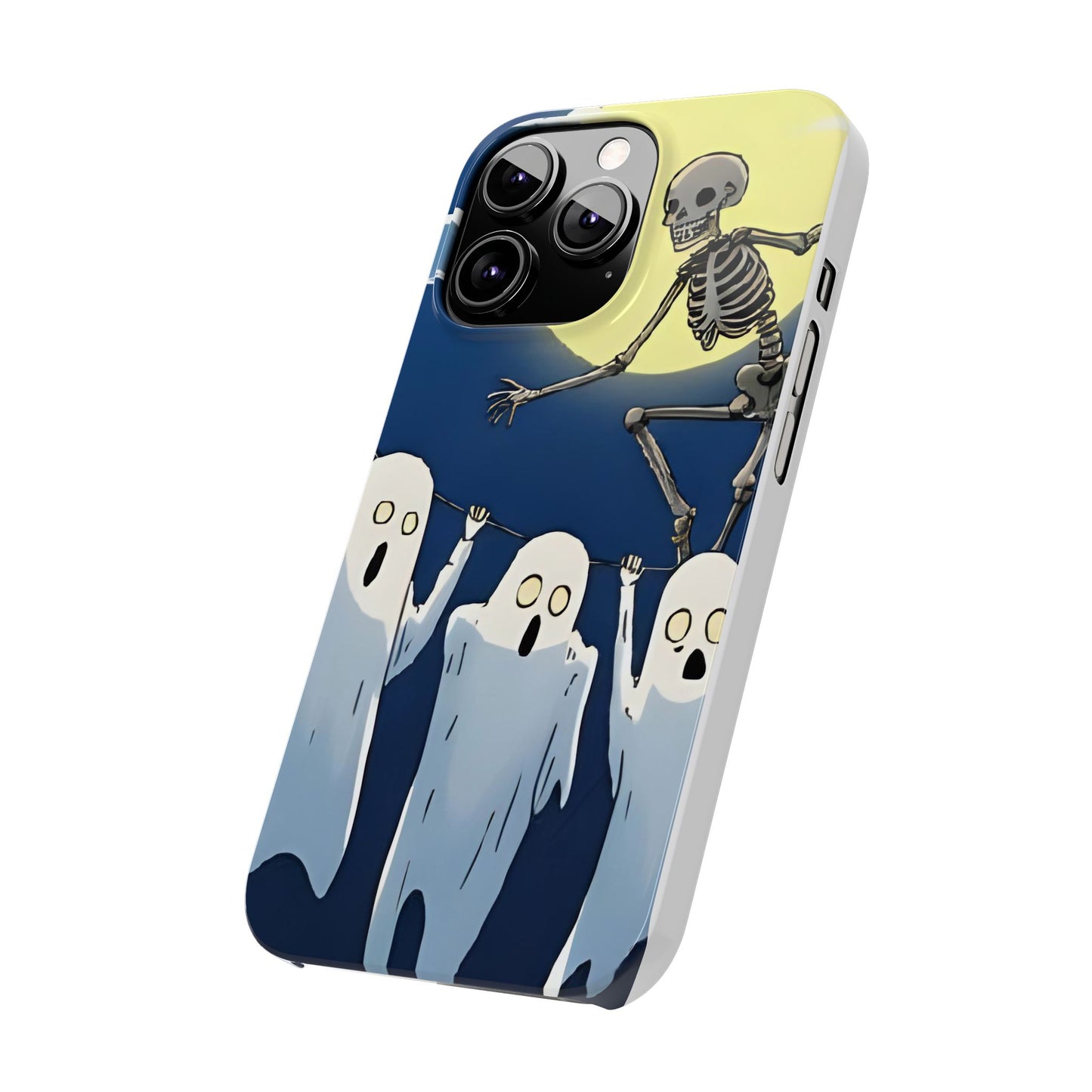 Jumping Skeleton Slim Phone Case - Halloween Aesthetic, Creepy Cute Ghost Cartoon Style, Compatible with iPhone, Galaxy, and Google Phones