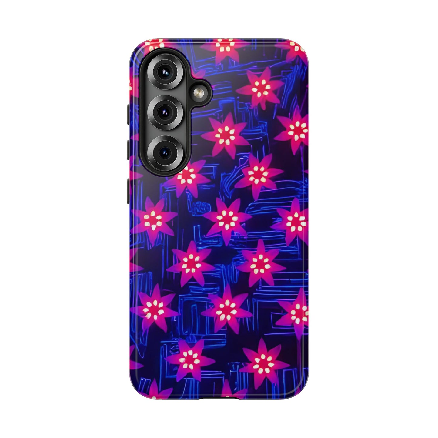 Neon Flower Tough Phone Case - Trippy Dark Floral Art, Electric Glow Aesthetic, Compatible with iPhone, Galaxy, and Google Phones