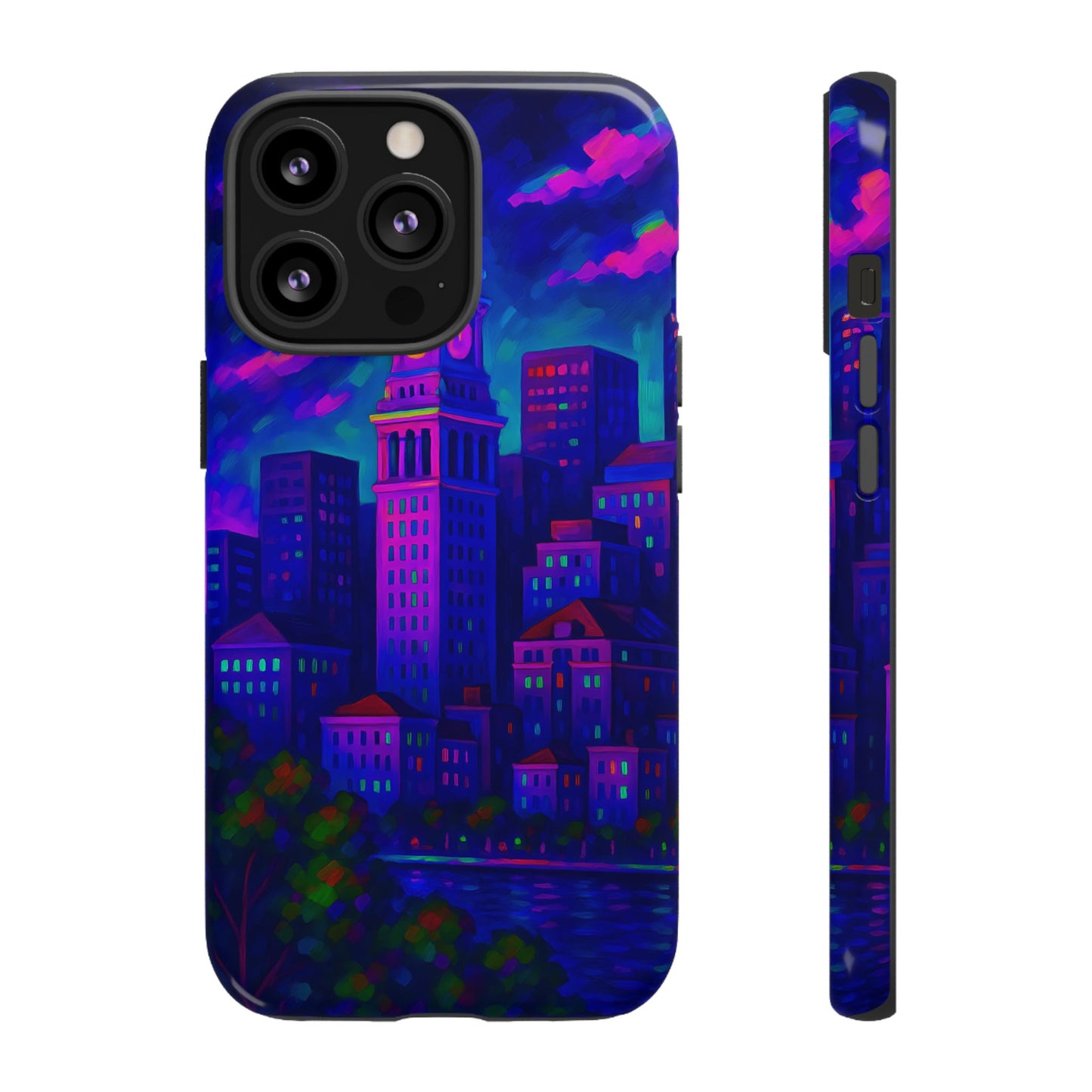Boston Cityscape Tough Phone Case, Neon Night Skyline, Sunset Tower View Watercolor Urban Art, Compatible with iPhone, Galaxy, Google Phones