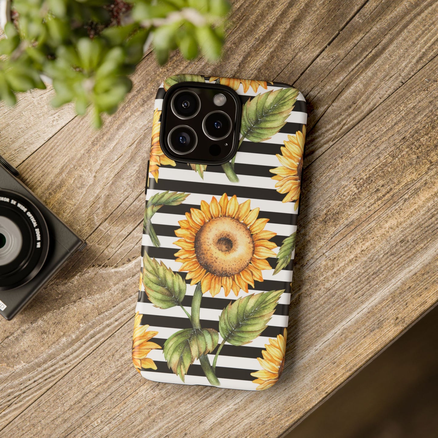 Sunflower Tough Phone Case - Bold Yellow Floral Art, Black and White Striped Aesthetic, Compatible with iPhone, Galaxy, and Google Phones
