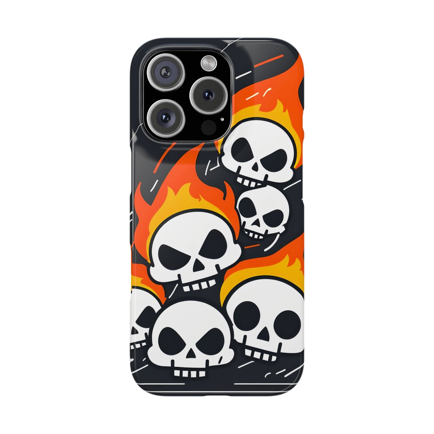 Flaming Skulls Slim Phone Case, Y2K Alt Halloween Aesthetic, Creepy Cute Cartoon Style, Stylish Music Lovers, Perfect Gift for Halloween
