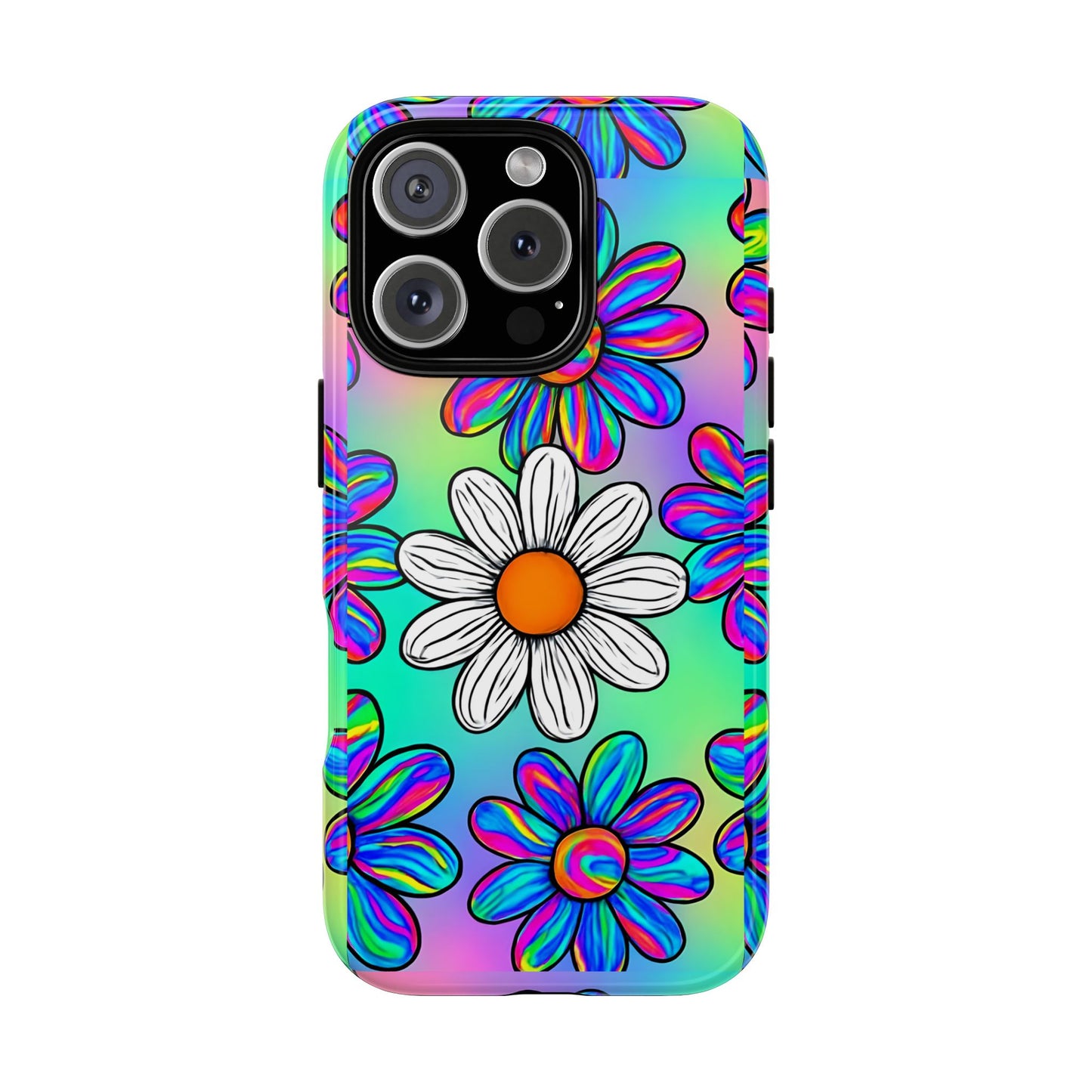 Trippy Daisy Tough Phone Case - Psychedelic Floral Design, Colorful Retro Aesthetic, Compatible with iPhone, Galaxy, and Google Phones