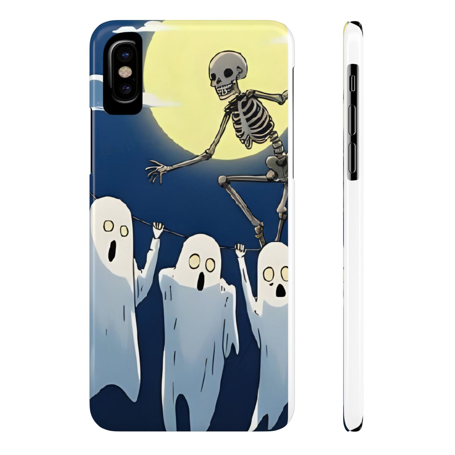 Jumping Skeleton Slim Phone Case - Halloween Aesthetic, Creepy Cute Ghost Cartoon Style, Compatible with iPhone, Galaxy, and Google Phones