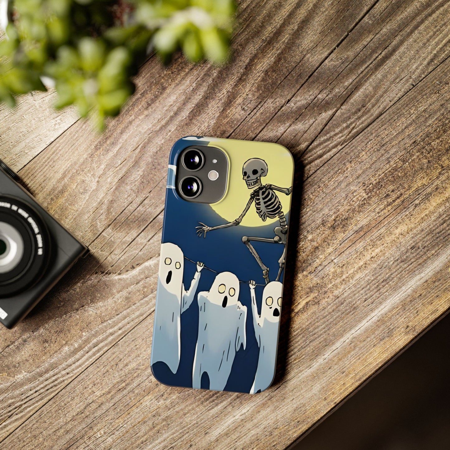 Jumping Skeleton Slim Phone Case - Halloween Aesthetic, Creepy Cute Ghost Cartoon Style, Compatible with iPhone, Galaxy, and Google Phones