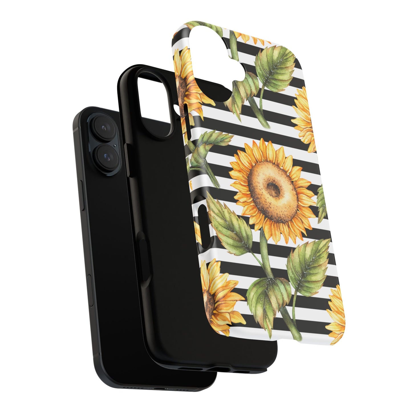 Sunflower Tough Phone Case - Bold Yellow Floral Art, Black and White Striped Aesthetic, Compatible with iPhone, Galaxy, and Google Phones