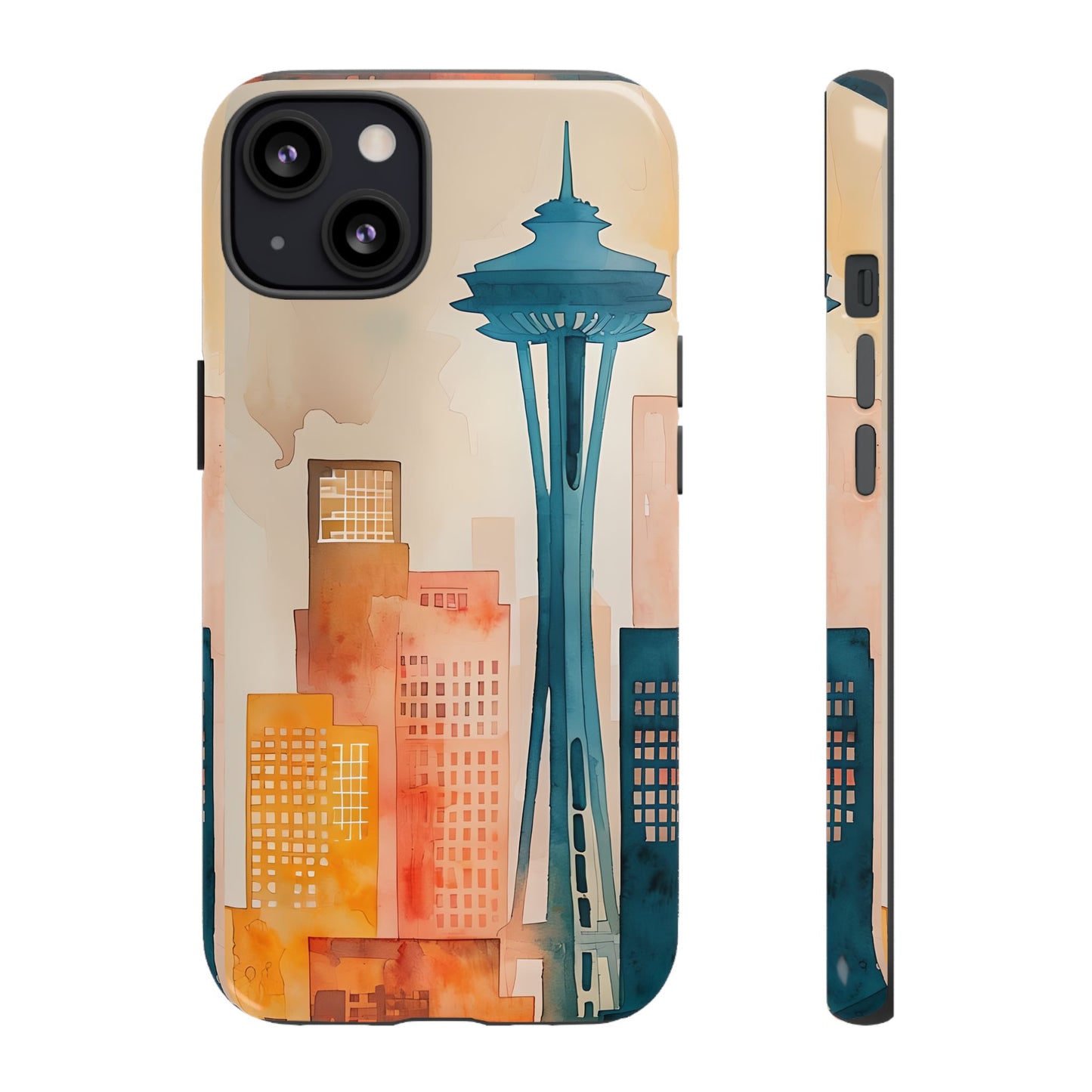 Seattle Cityscape Phone Case - Urban Skyline Art Tough Case, Watercolor City Aesthetic, Compatible with iPhone, Galaxy, Google Phones