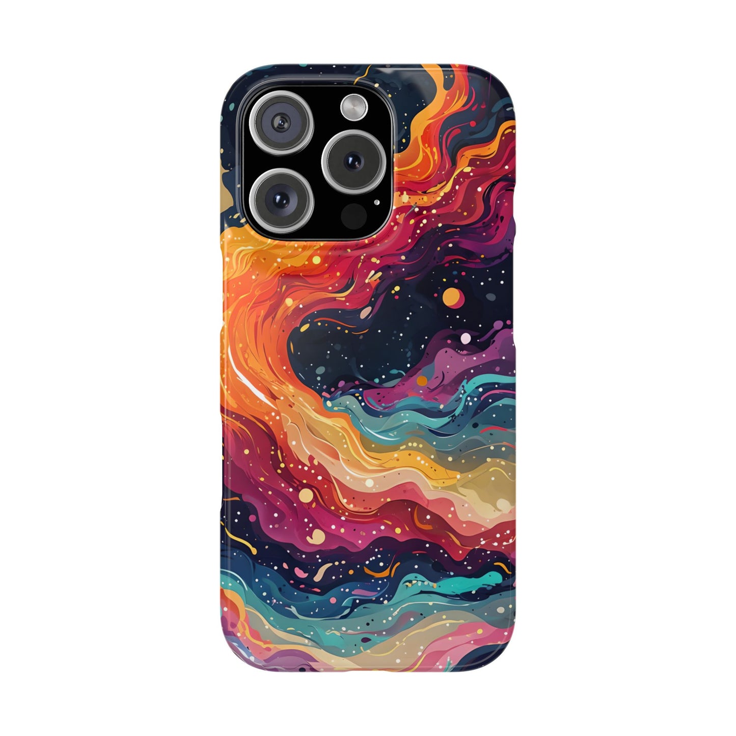 This galaxy swirl phone case uses a deep space backdrop layered with colorful, flowing lines. The swirling composition of warm and cool tones creates a dreamy space aesthetic for everyday use.