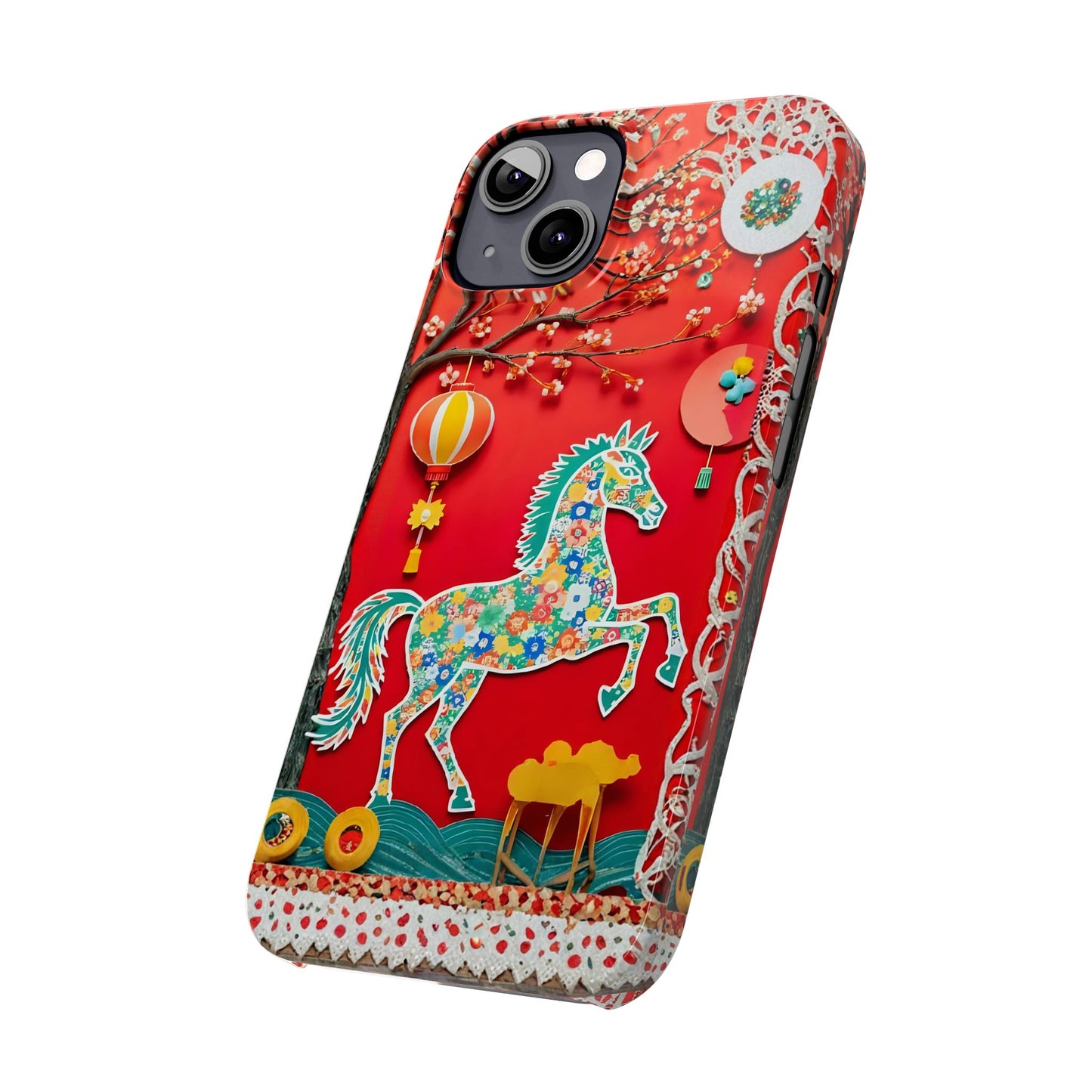 Year of the Horse Slim Phone Case, Flower Art Chinese Zodiac 2026 Design, compatible with iPhone 17 16 15 14 13 12 11