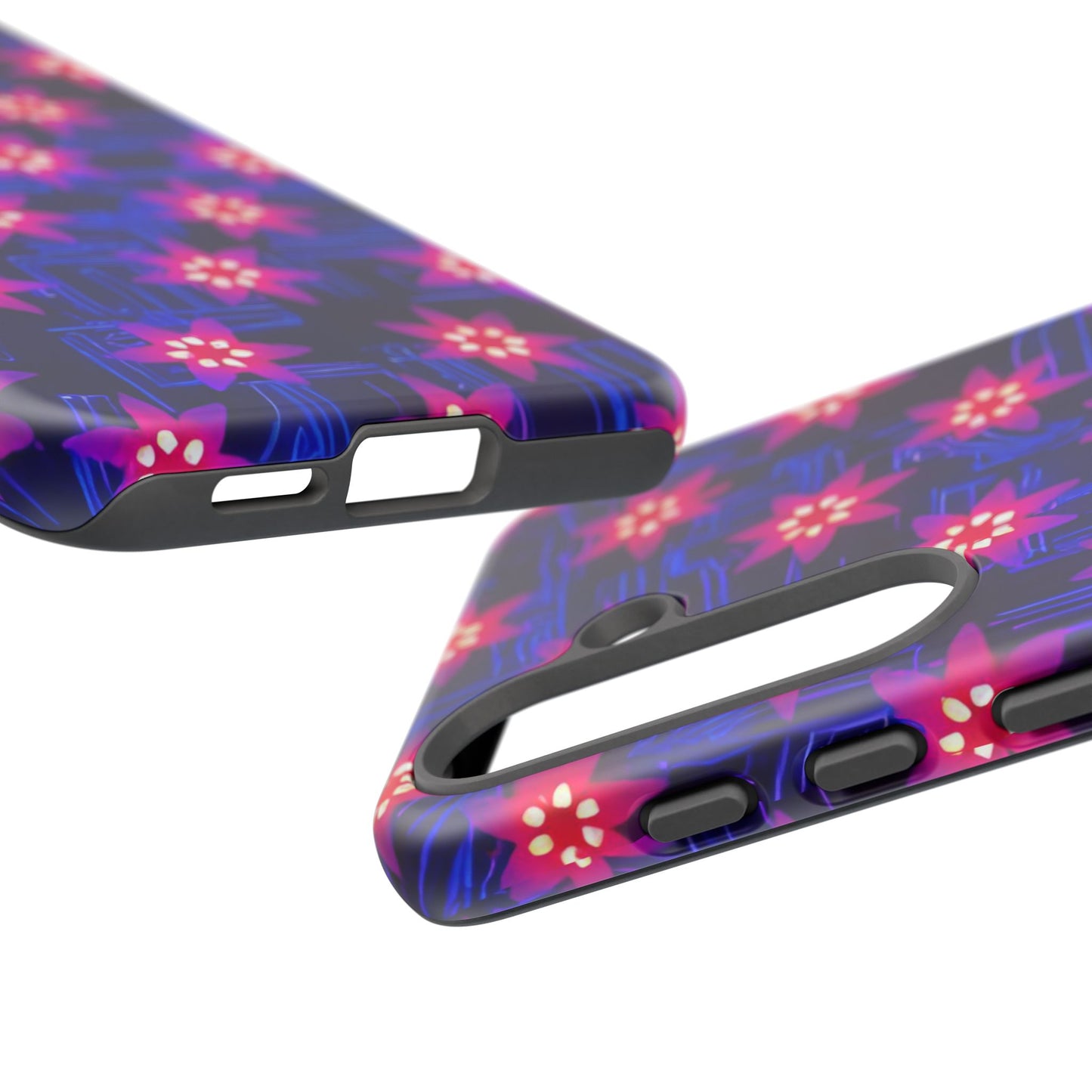 Neon Flower Tough Phone Case - Trippy Dark Floral Art, Electric Glow Aesthetic, Compatible with iPhone, Galaxy, and Google Phones