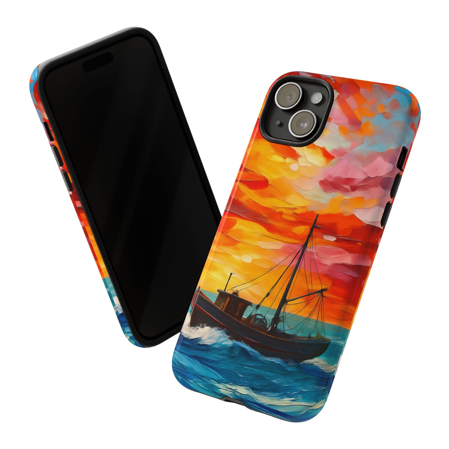 Ocean Art Scenery Tough Phone Case, Oil Painting Style Nautical Sunset Compatible with iPhone 17, 16, 15, 14, 13, Galaxy, Google