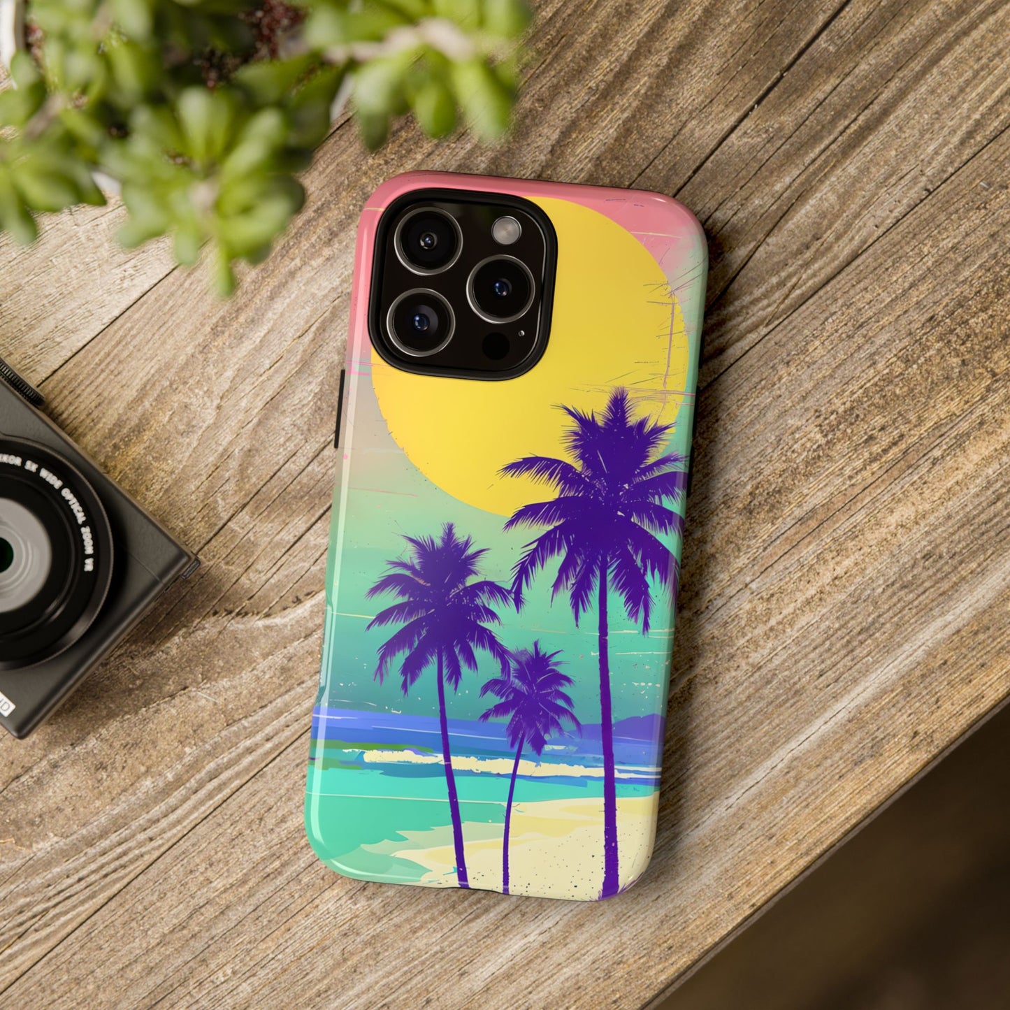 Neon Sunset Beach Vibes Case - Retro Vaporwave Aesthetic with Sunset and Tropical Palms Trees, compatible with iPhone, Samsung Galaxy, Pixel