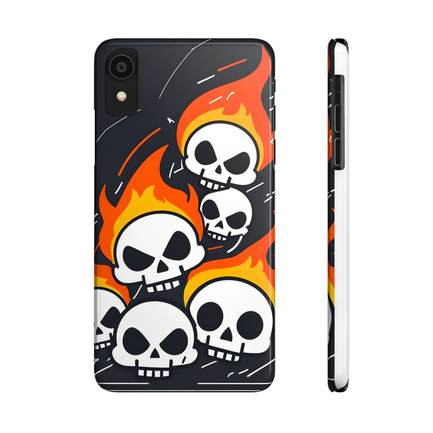 Flaming Skulls Slim Phone Case, Y2K Alt Halloween Aesthetic, Creepy Cute Cartoon Style, Stylish Music Lovers, Perfect Gift for Halloween