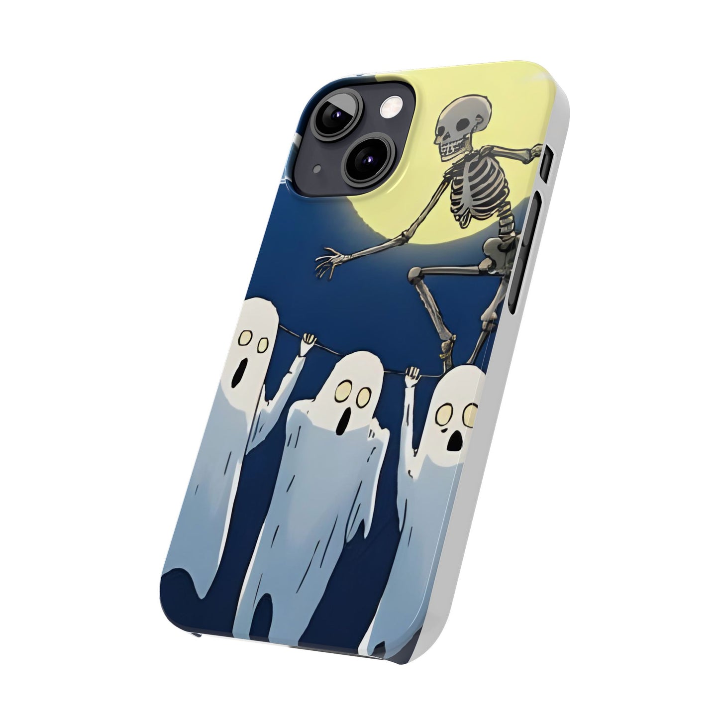 Jumping Skeleton Slim Phone Case - Halloween Aesthetic, Creepy Cute Ghost Cartoon Style, Compatible with iPhone, Galaxy, and Google Phones