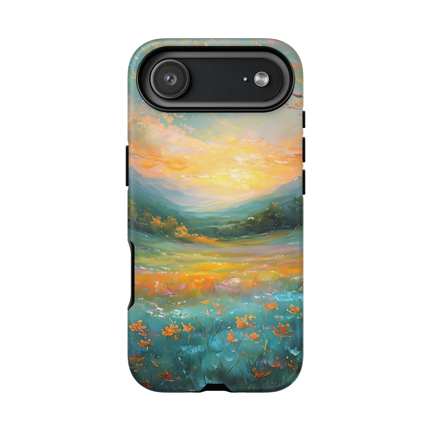 Wildflower Meadow Scenery Tough Phone Case, Oil Painting, Mountain Sunrise Compatible with iPhone 17, 16, 15, 14, 13, Galaxy, Google