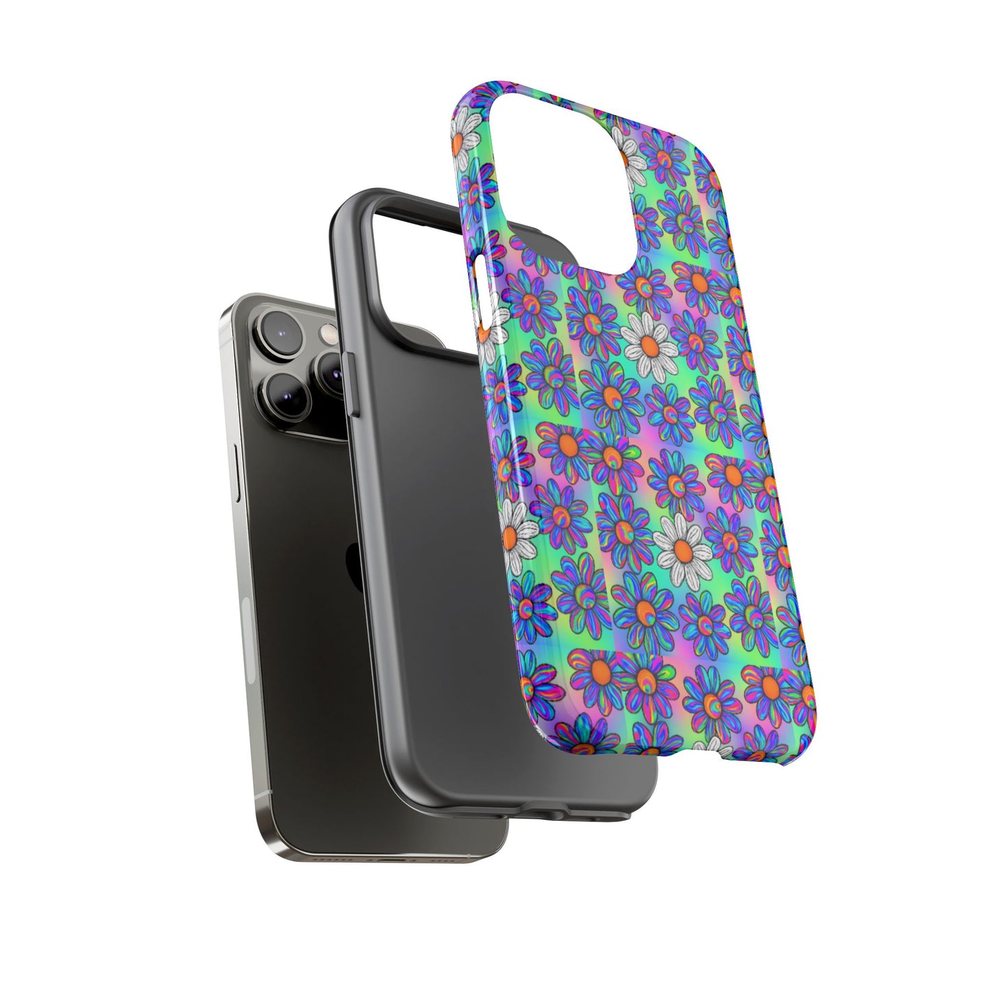 Trippy Daisy Tough Phone Case - Psychedelic Floral Aesthetic, Colorful Groovy Design, Compatible with iPhone, Galaxy, and Google Phones