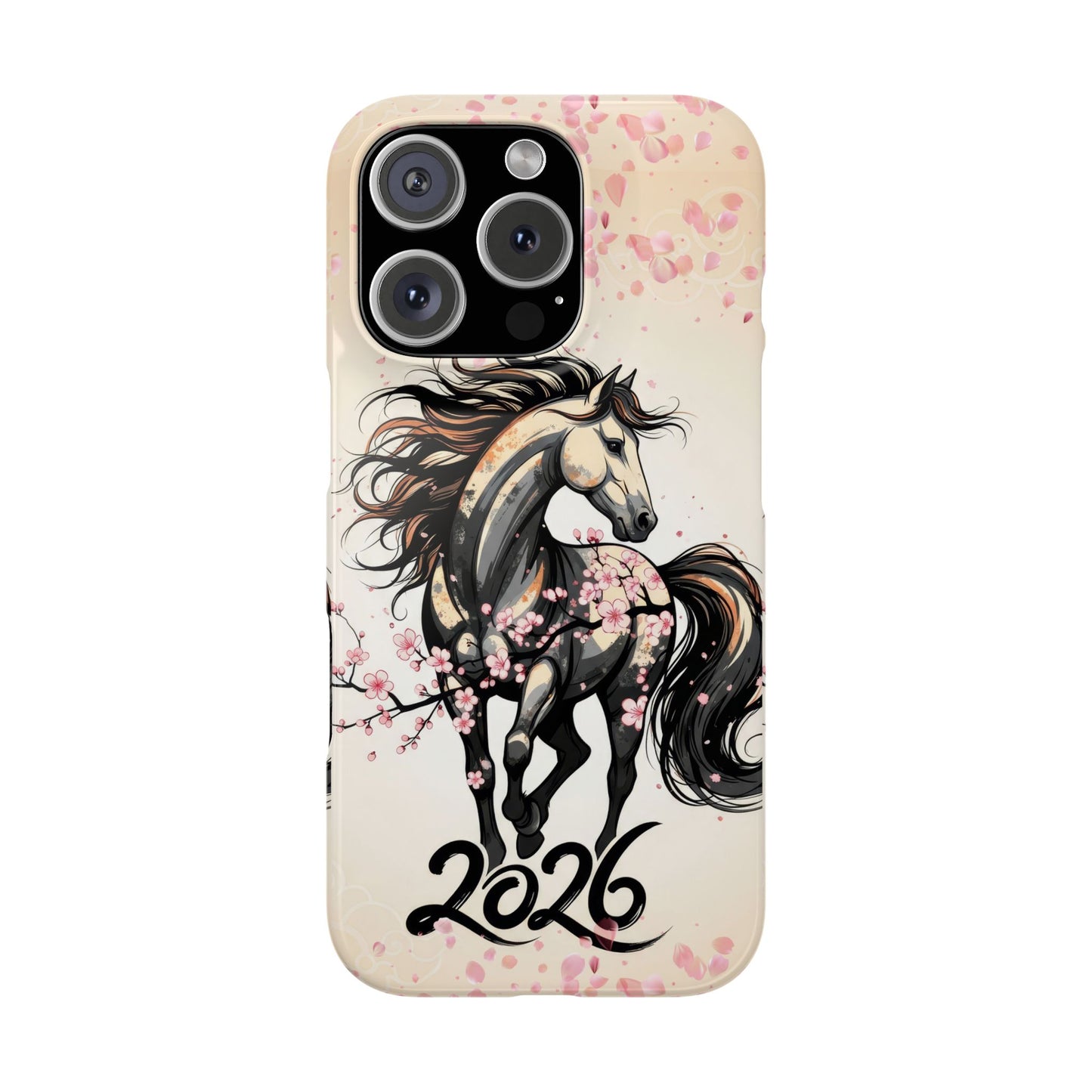 Year of the Horse Floral Art Slim Phone Case, Chinese Zodiac 2026 Design, compatible with iPhone 17 16 15 14 13 12 11