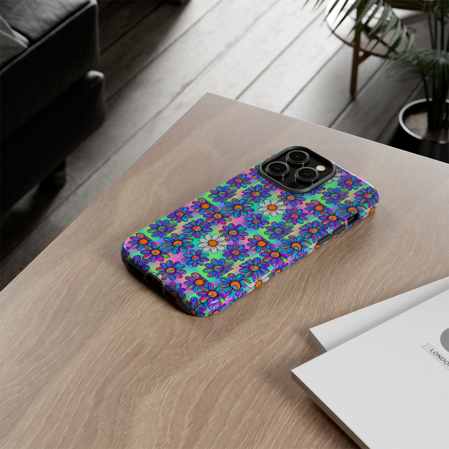Trippy Daisy Tough Phone Case - Psychedelic Floral Aesthetic, Colorful Groovy Design, Compatible with iPhone, Galaxy, and Google Phones