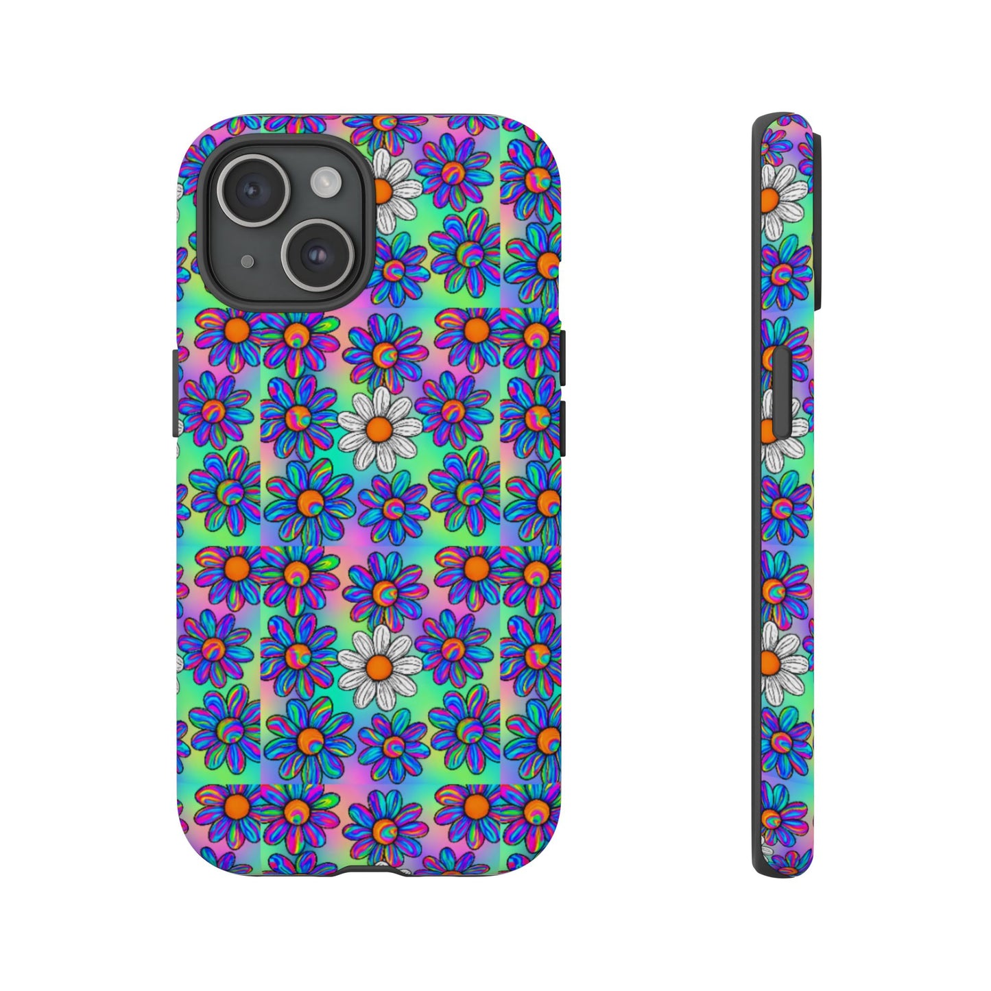 Trippy Daisy Tough Phone Case - Psychedelic Floral Aesthetic, Colorful Groovy Design, Compatible with iPhone, Galaxy, and Google Phones