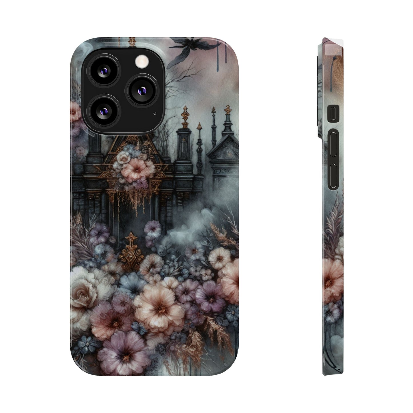 Gothic Floral Slim Phone Case, Dark Fantasy Phone Cover, Unique Flower Design, Phone Accessory for Halloween, Gift for Her
