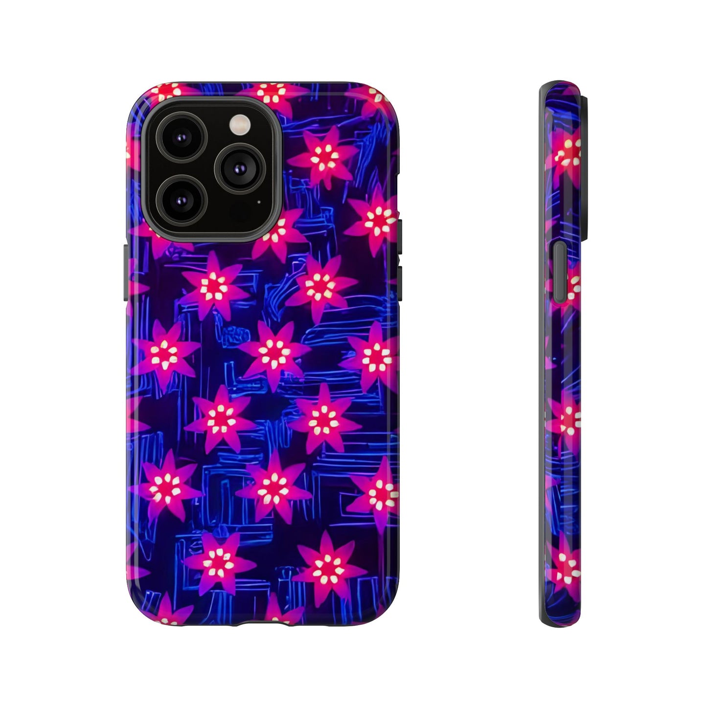 Neon Flower Tough Phone Case - Trippy Dark Floral Art, Electric Glow Aesthetic, Compatible with iPhone, Galaxy, and Google Phones
