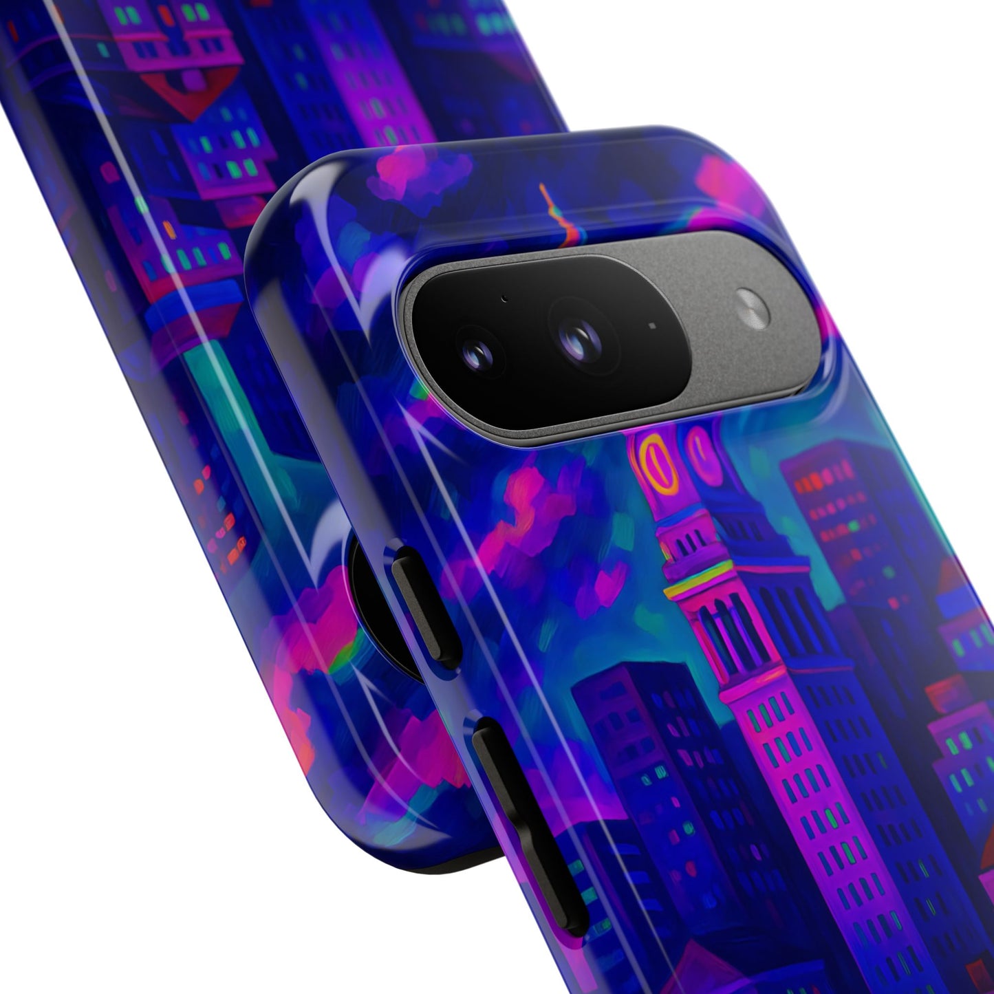 Boston Cityscape Tough Phone Case, Neon Night Skyline, Sunset Tower View Watercolor Urban Art, Compatible with iPhone, Galaxy, Google Phones