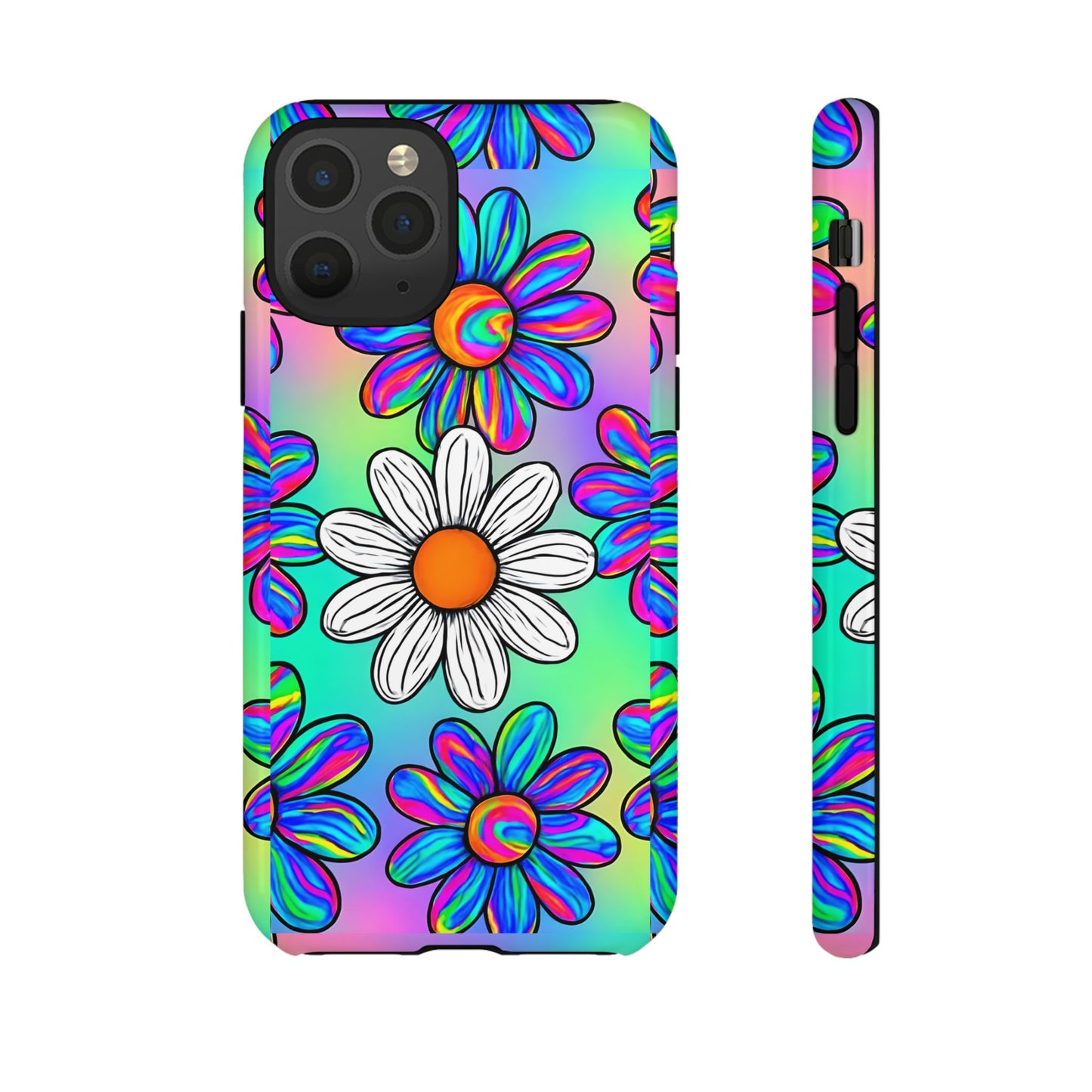 Trippy Daisy Tough Phone Case - Psychedelic Floral Design, Colorful Retro Aesthetic, Compatible with iPhone, Galaxy, and Google Phones