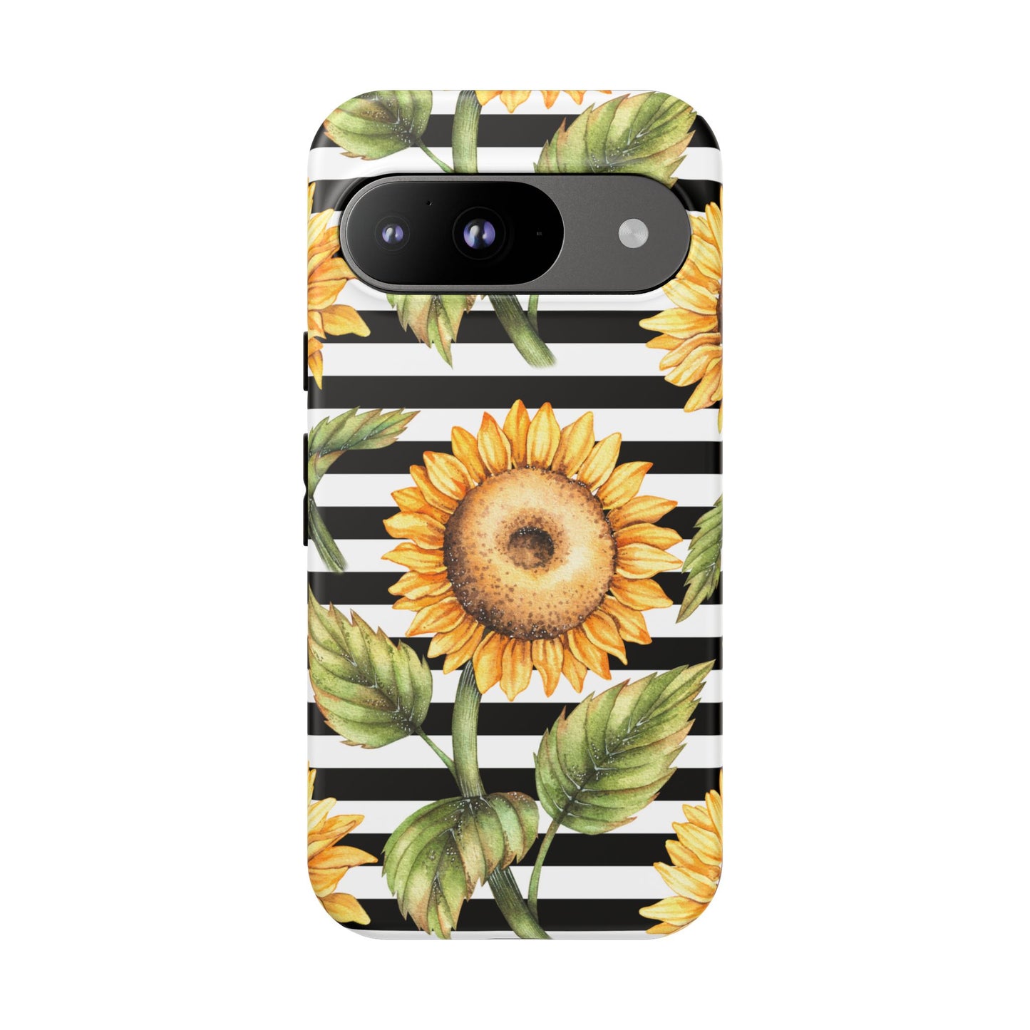 Sunflower Tough Phone Case - Bold Yellow Floral Art, Black and White Striped Aesthetic, Compatible with iPhone, Galaxy, and Google Phones