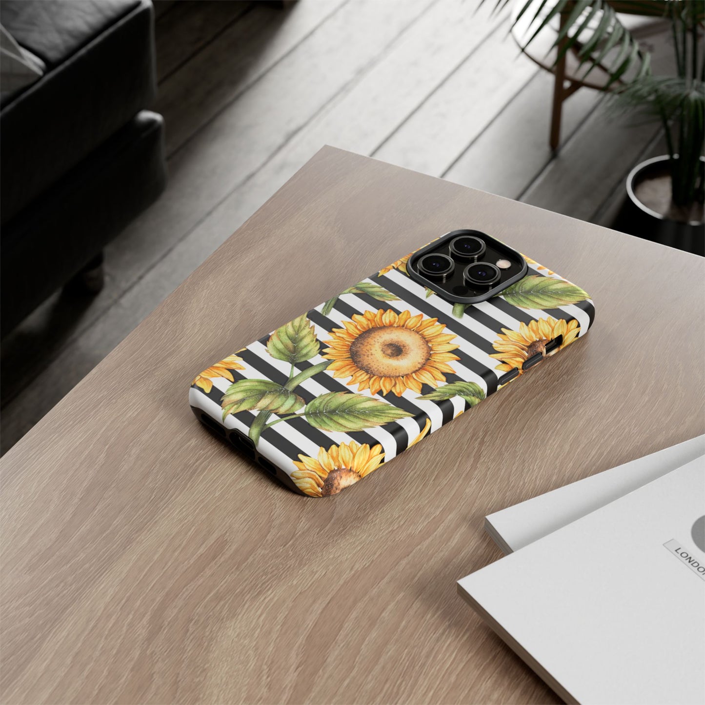 Sunflower Tough Phone Case - Bold Yellow Floral Art, Black and White Striped Aesthetic, Compatible with iPhone, Galaxy, and Google Phones