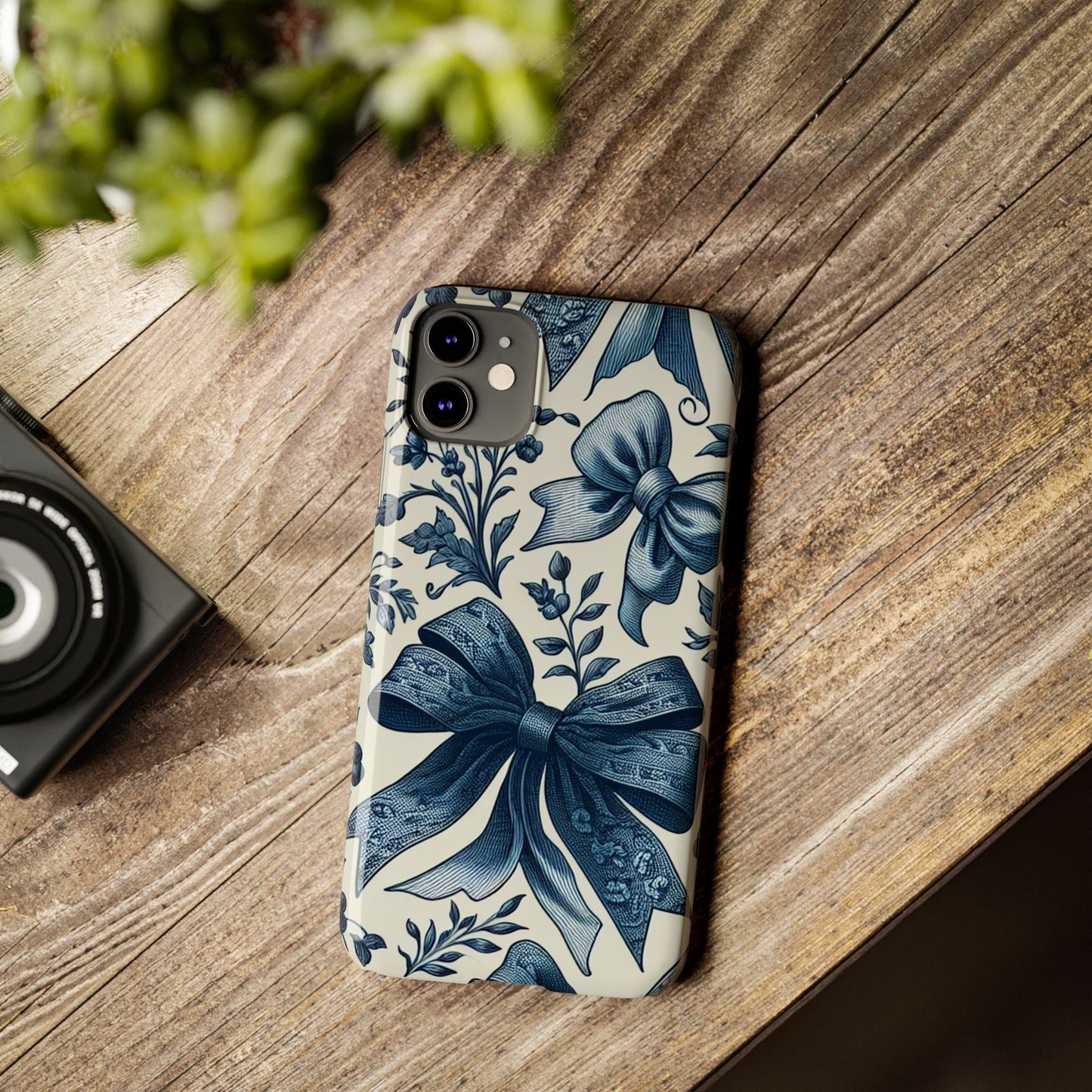 Elegant Floral Bow Slim Phone Case, Blue Flower Phone Cover, Gift for Her, Stylish Tech Accessory, Wedding Gift, Floral Design